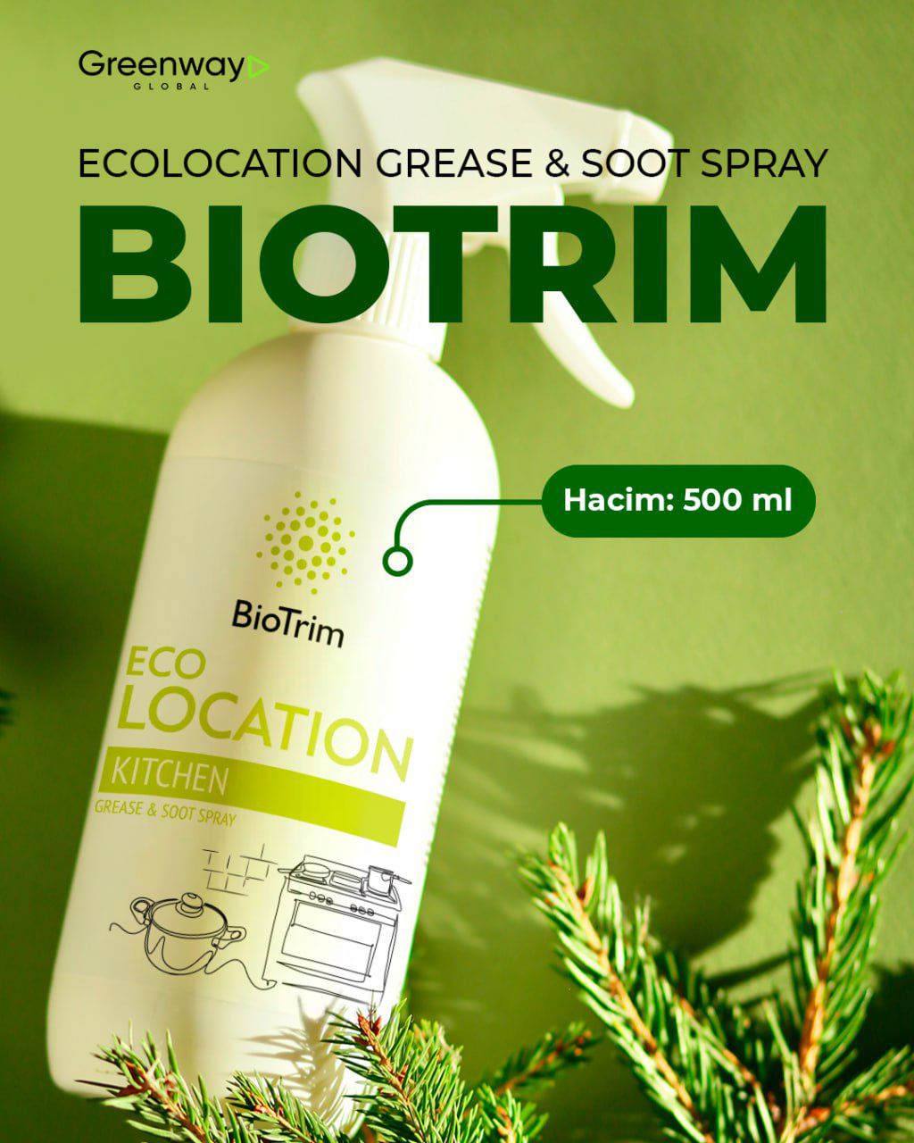 GREENWAY 03267 BioTrim ECOLOCATION mutfak için yağ ve kurum temizleyici eko-sprey, 500 ml