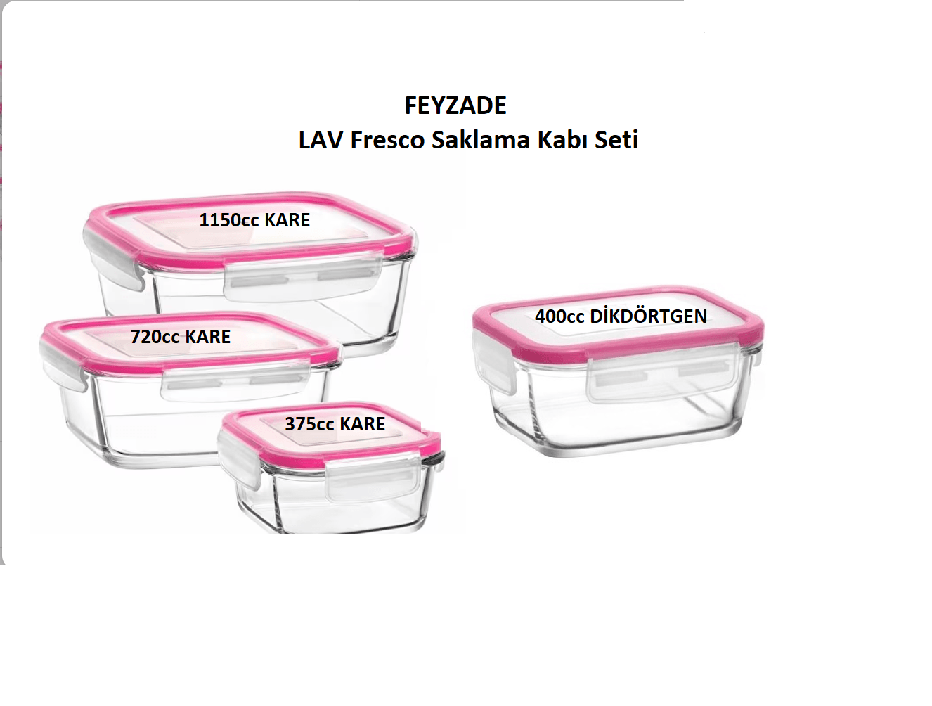 LAV Fresco Kilitli Cam Saklama Kabı Seti PEMBE Kapak 4 Adet (1150CC-720CC-400CC-375CC)