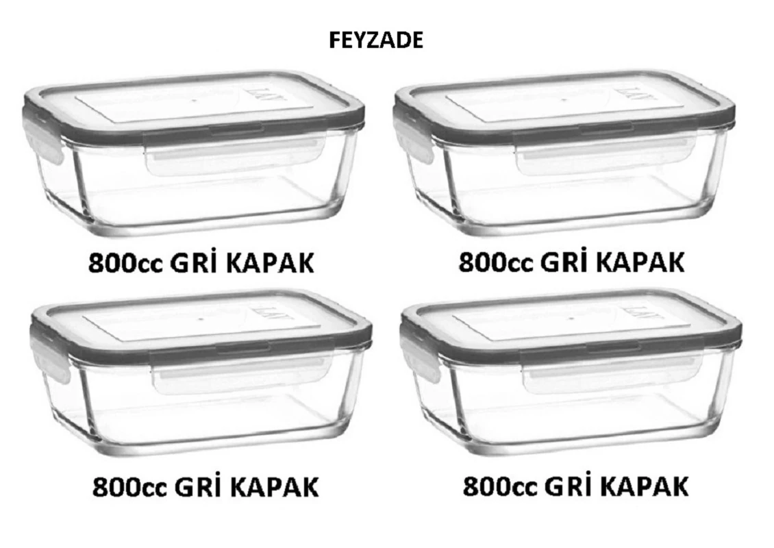 Cam Kilitli Saklama Kabı 4'lü Set 800cc-yeni Seri Dikdörtgen Cam Sakla