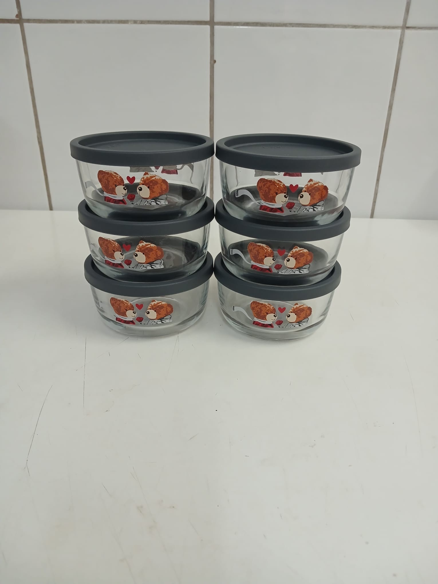 LAV ROUND Saklama Kabı Seti 6 adet AYICIK Desenli 380cc Saklama Kabı ANTRASİT KAPAK