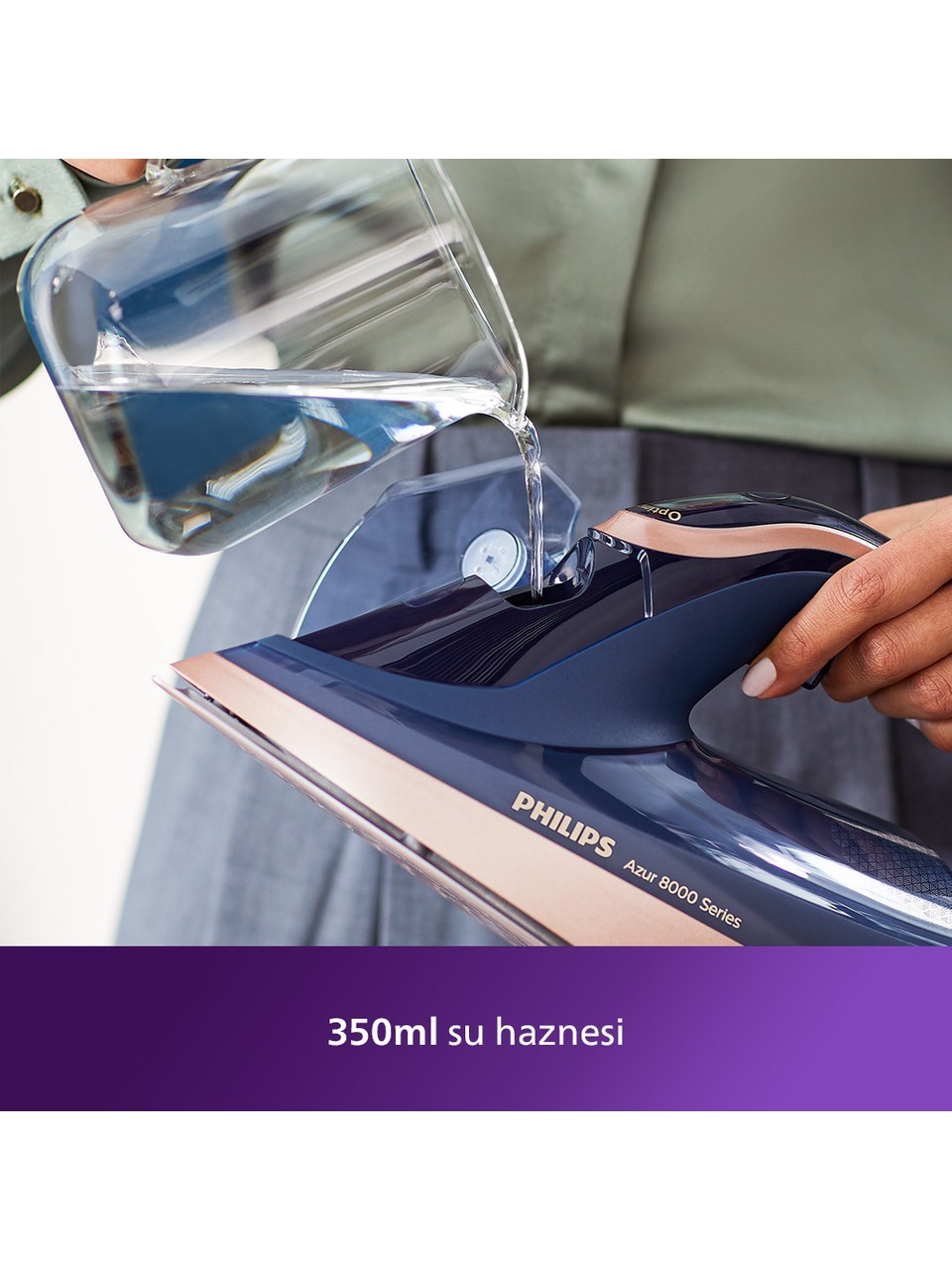 Philips 8000 Serisi Azur Buharlı Ütü, DST8050/20, 3000W, 260g Turbo Şok Buhar, 85g/dk Sürekli Buhar, Sıfır Yanık Riski, 50ml'lik Su Haznesi, OptimalTEMP Teknolojisi, SteamGlide Elite Taban, 