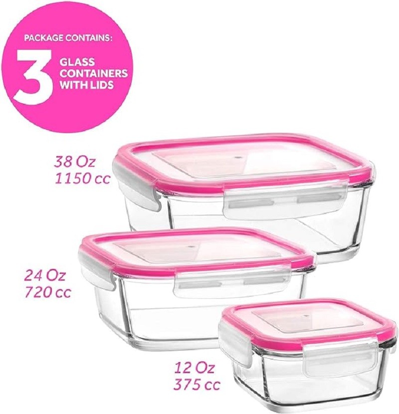 LAV Fresco Kilitli Cam Saklama Kabı Seti PEMBE Kapak 4 Adet (1150CC-720CC-400CC-375CC)