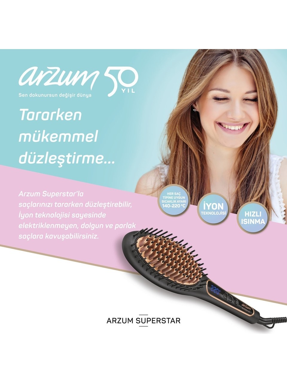 ARZUM Superstar Saç Düzleştirici Fırça - Siyah - AR5036