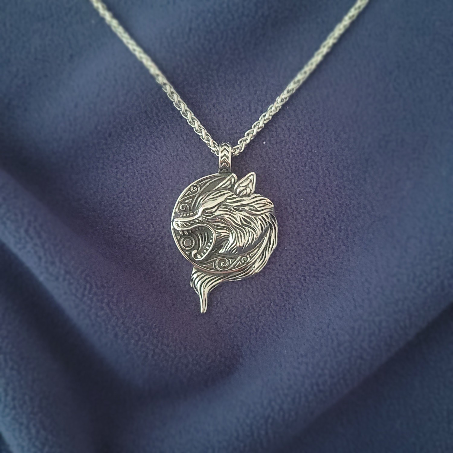 Woven Steel Necklace with Wolf Head Steel Pendant