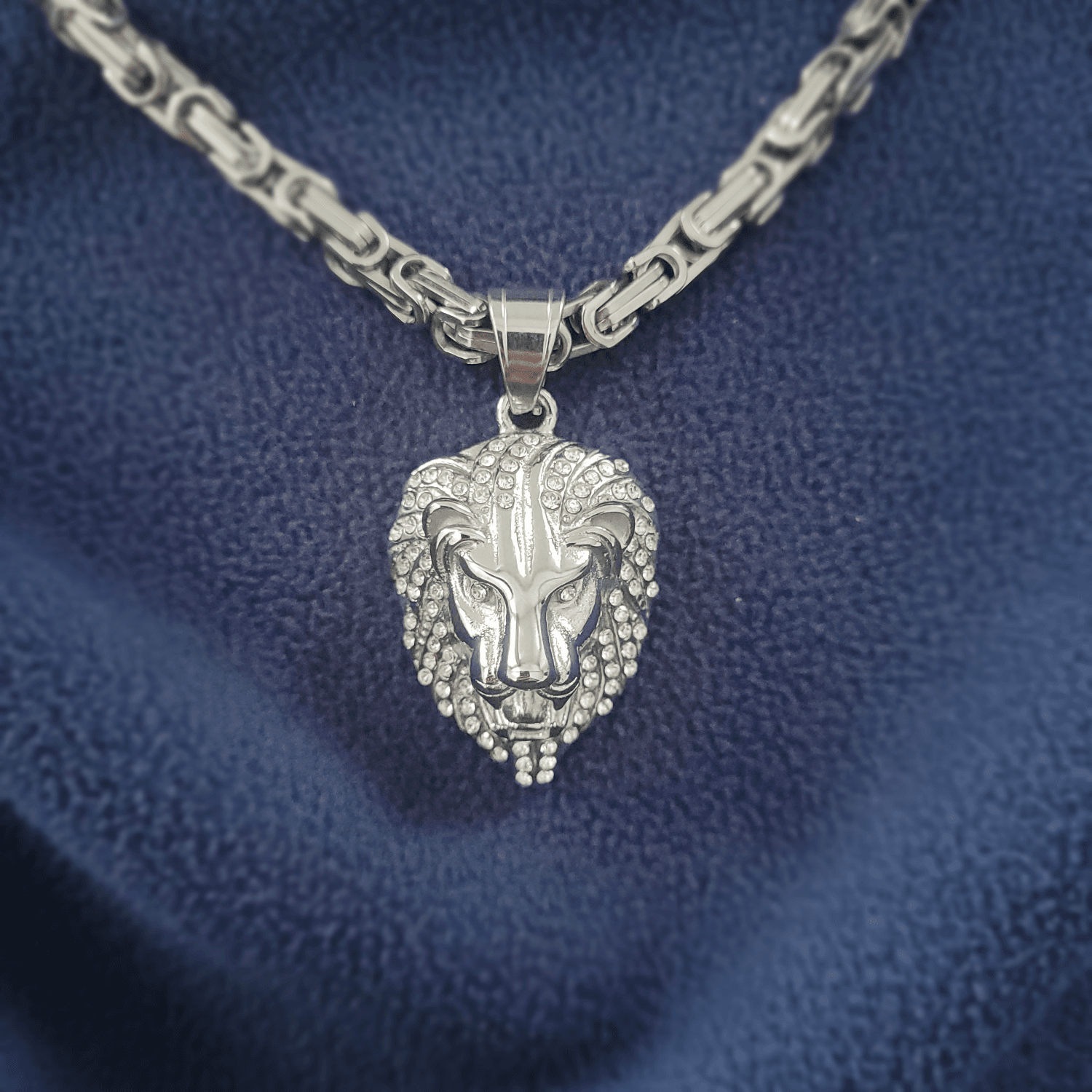 Crystal Stone Lion Head Steel Necklace