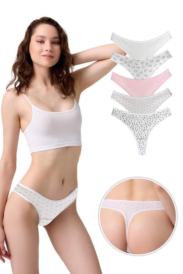 Pamuklu Desenli Kaşkorse Kadın Tanga Külot 5'li Paket