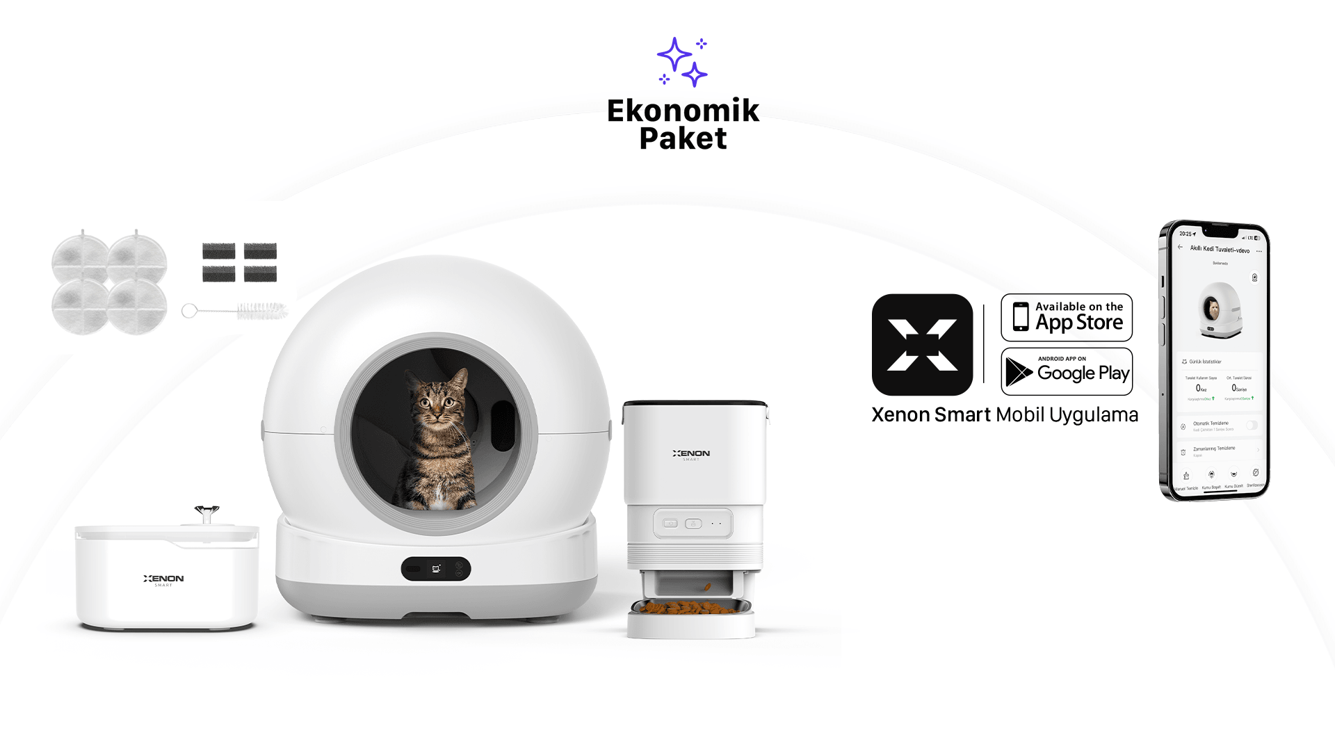 Akıllı Otomatik Kedi Tuvaleti Kameralı, Mama Kabı ve Su Pınarı 4'lü Pet Seti