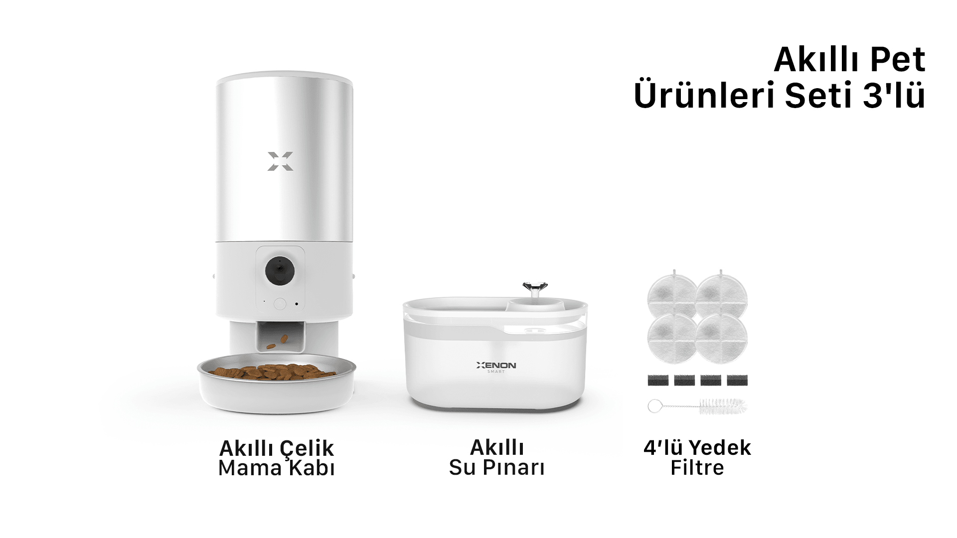 Akıllı Çelik Mama Kabı, Akıllı Su Pınarı ve Yedek Filtre 3'lü Pet Seti