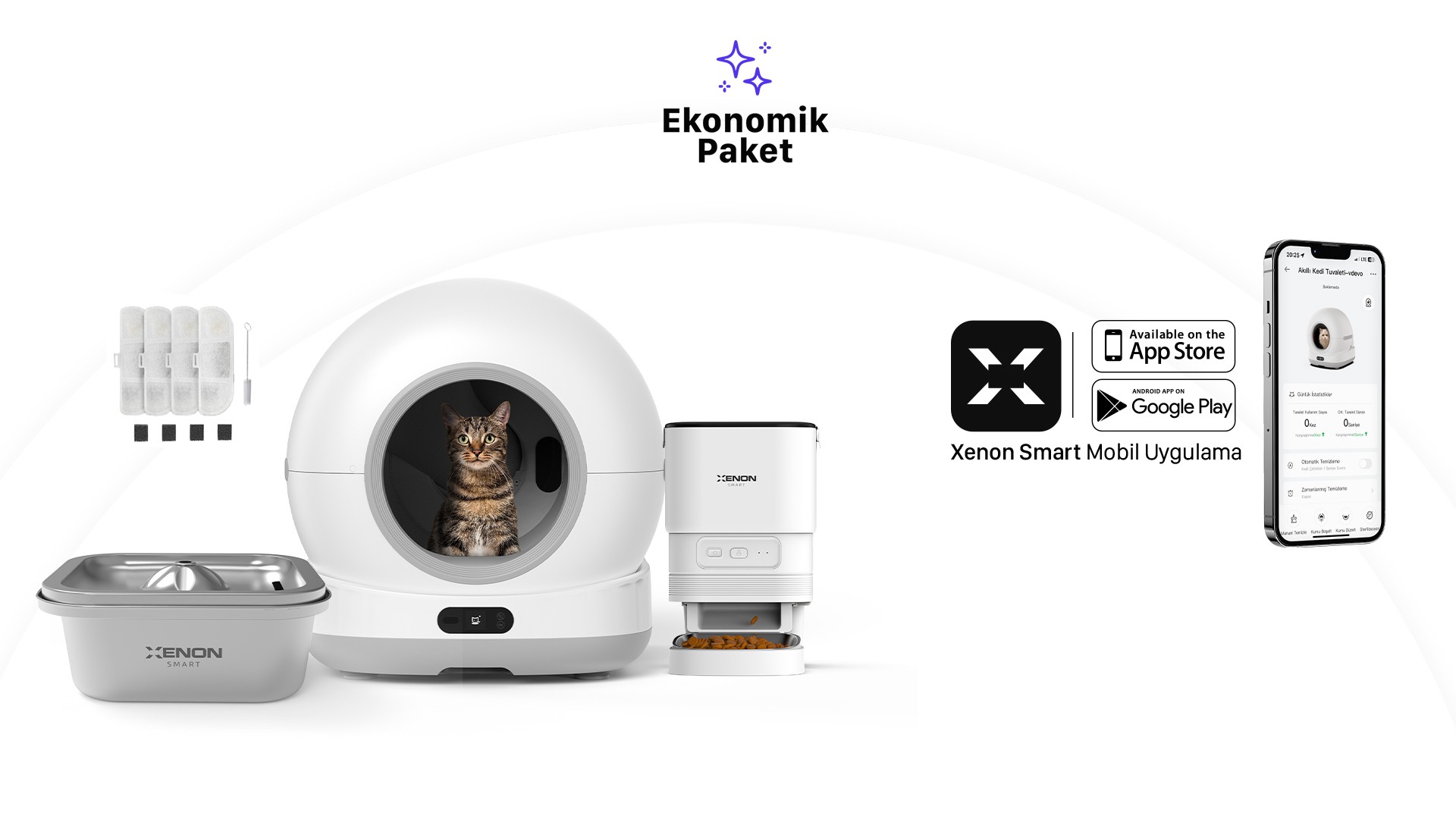 Akıllı Kameralı Kedi Tuvaleti, Mama Kabı ve Çelik Su Pınarı 4'lü Pet Seti