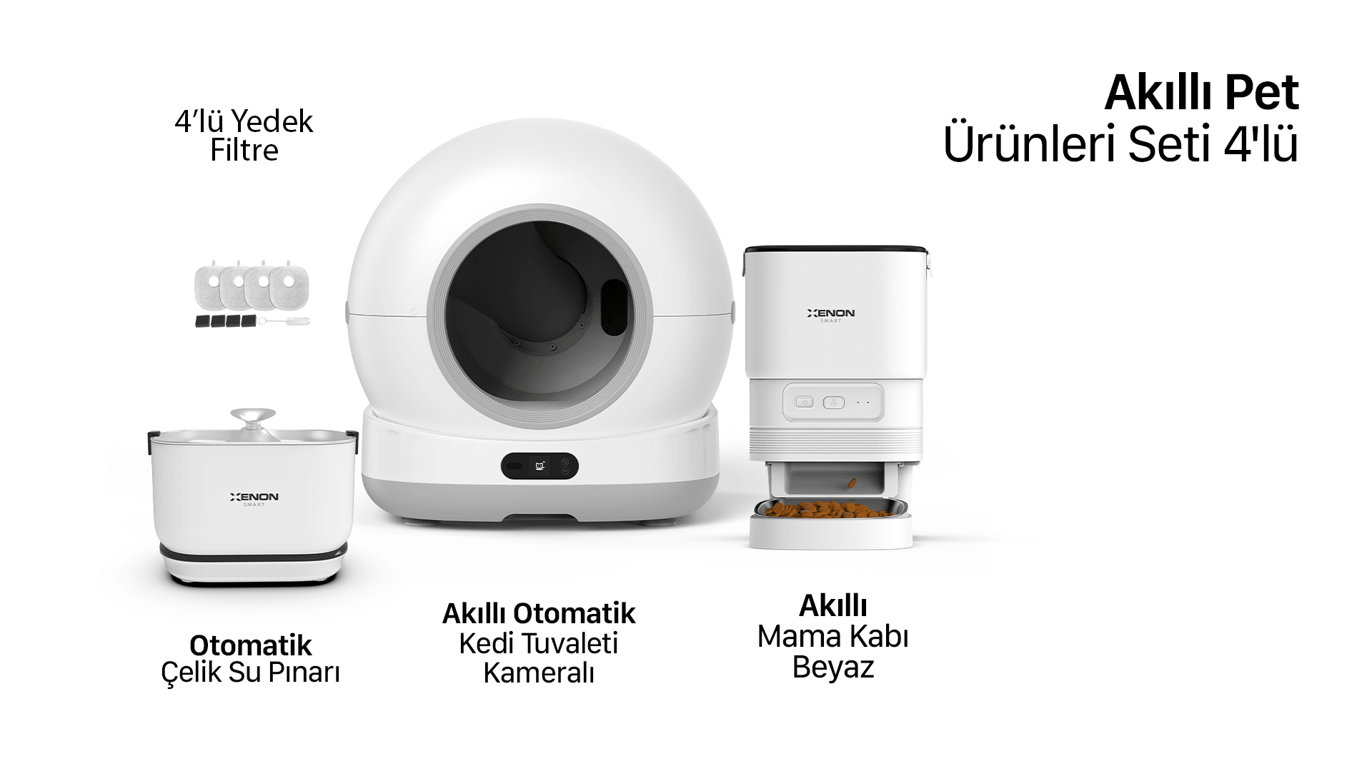 Akıllı Otomatik Kedi Tuvaleti, Mama Kabı ve Bataryalı Su Pınarı 4'lü Pet Seti
