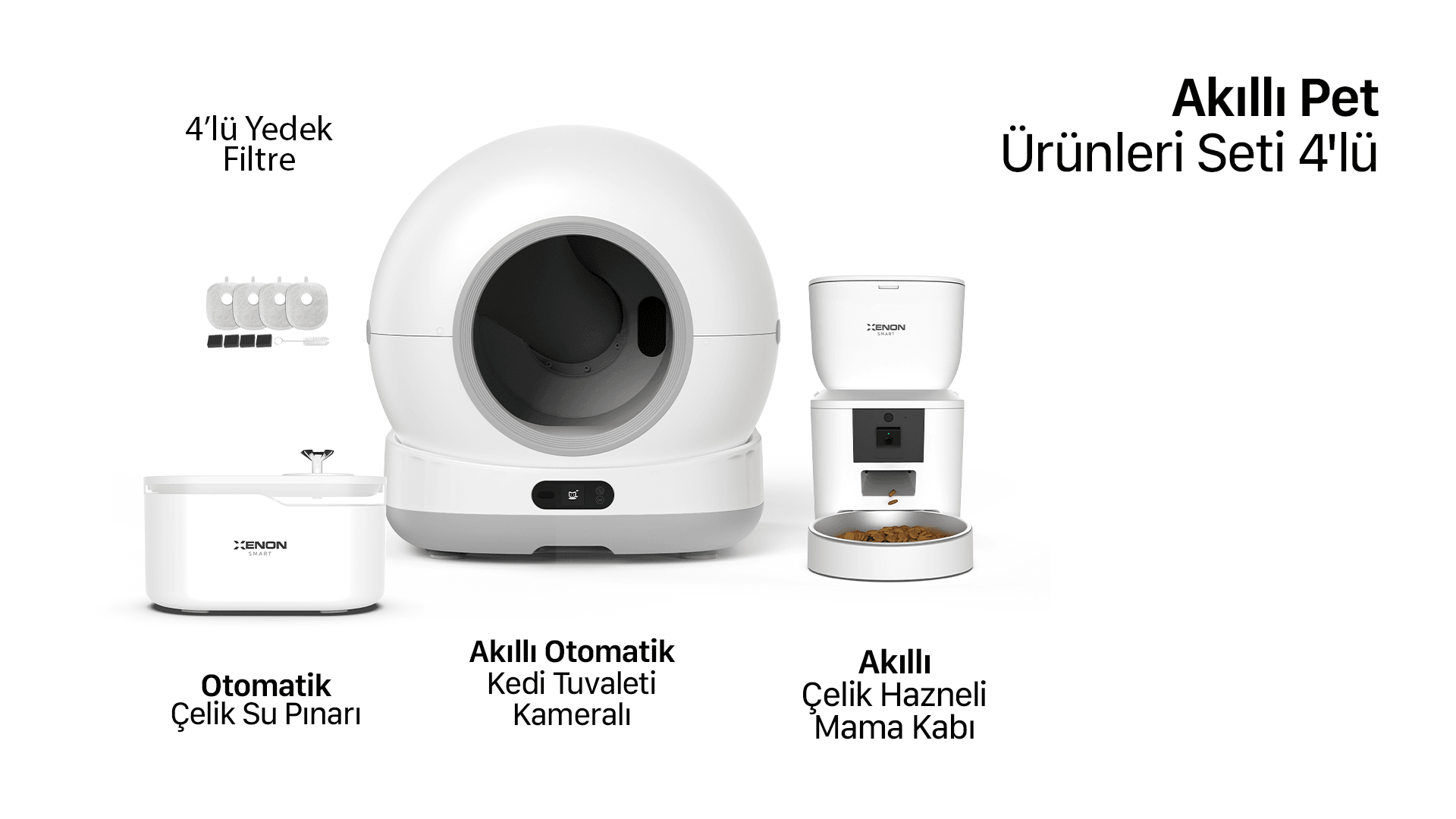 Akıllı Kameralı Kedi Tuvaleti, Mama Kabı ve Su Pınarı 4'lü Pet Seti