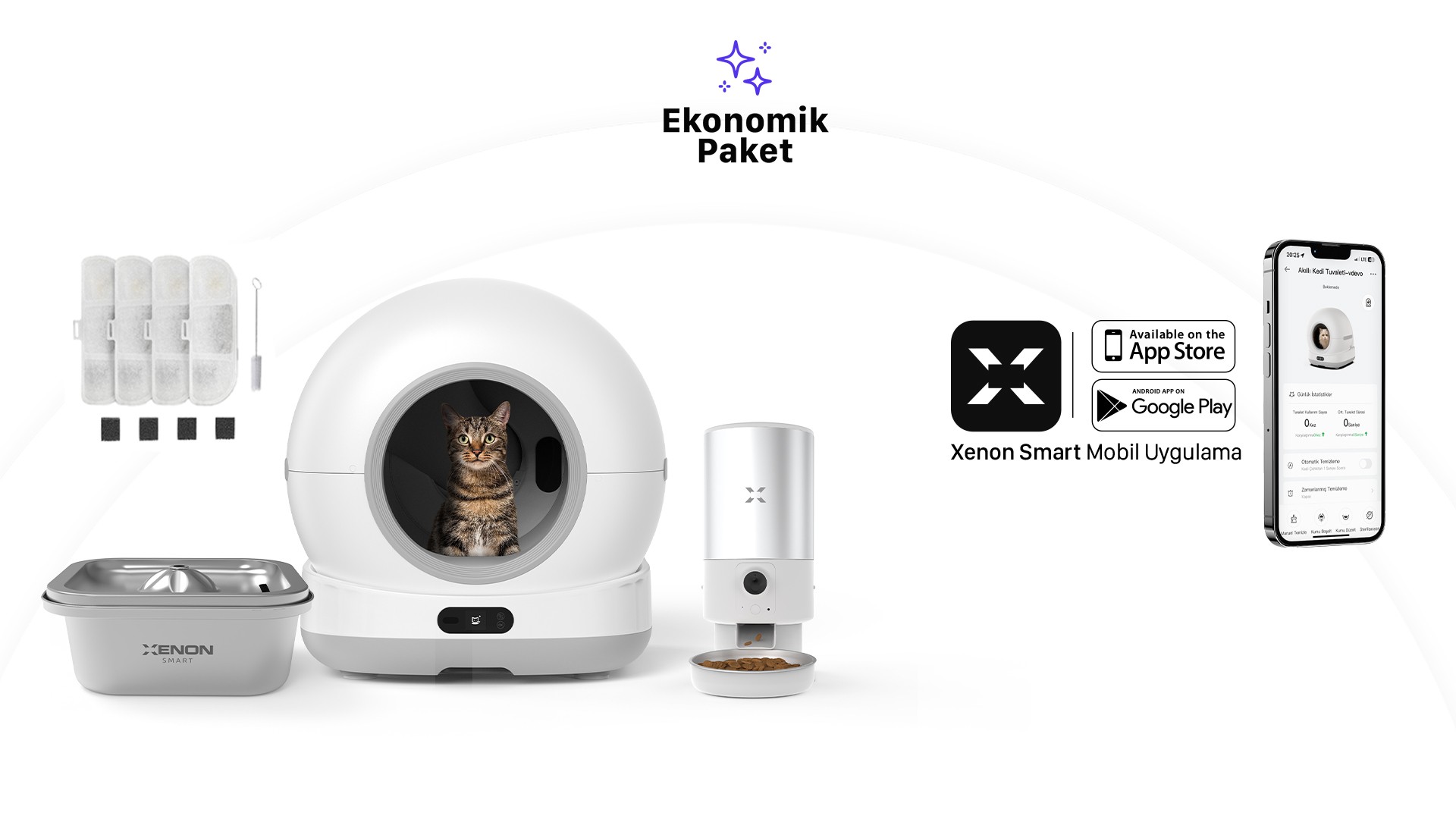 Akıllı Otomatik Kedi Tuvaleti, Çelik Mama Kabı ve Çelik Su Pınarı 4'lü Pet Seti