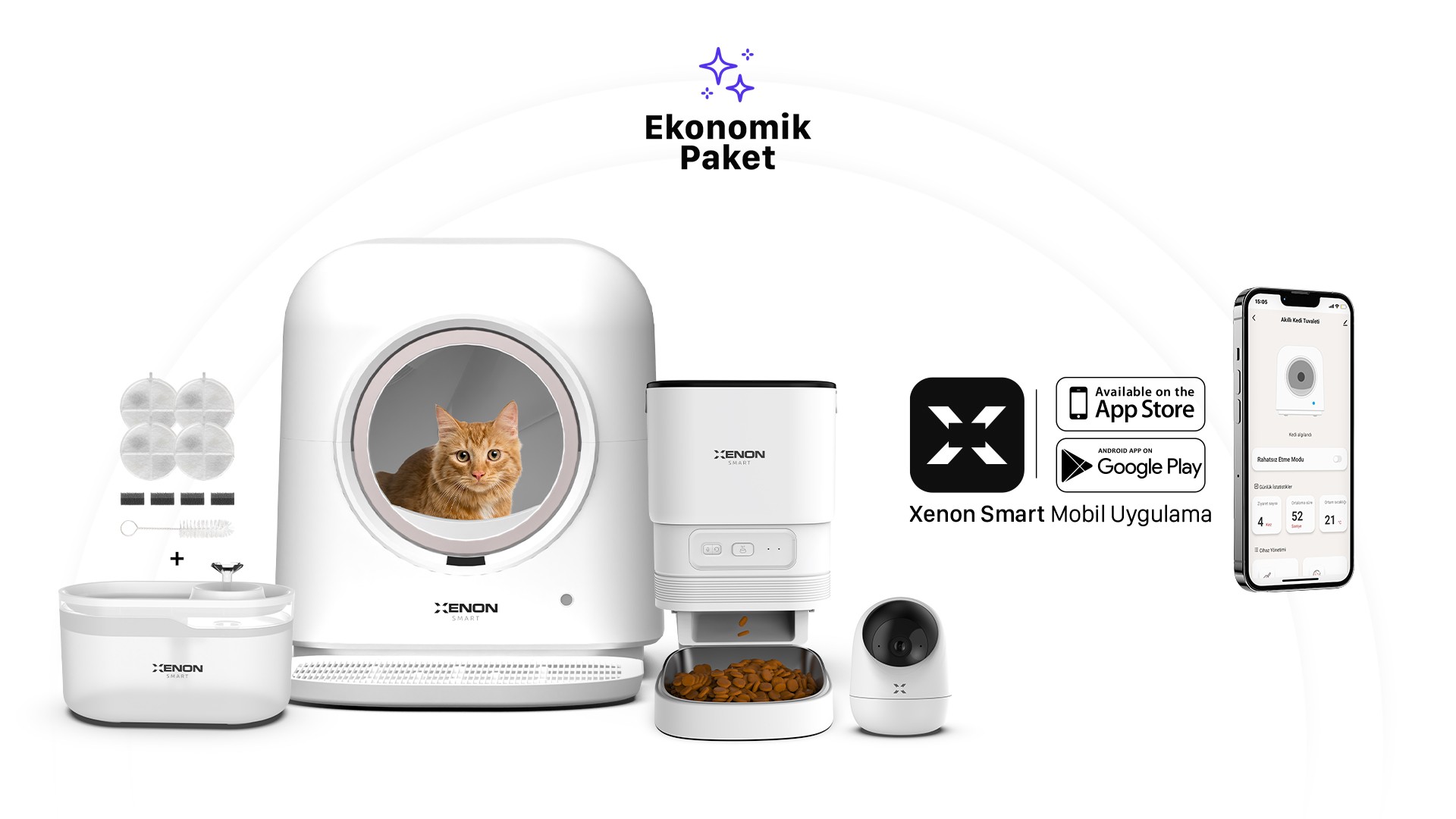 Akıllı Kedi Tuvaleti, Akıllı Kamera, Mama Kabı, Akıllı Kedi Su Pınarı Ve Filtre 5'li Pet Seti