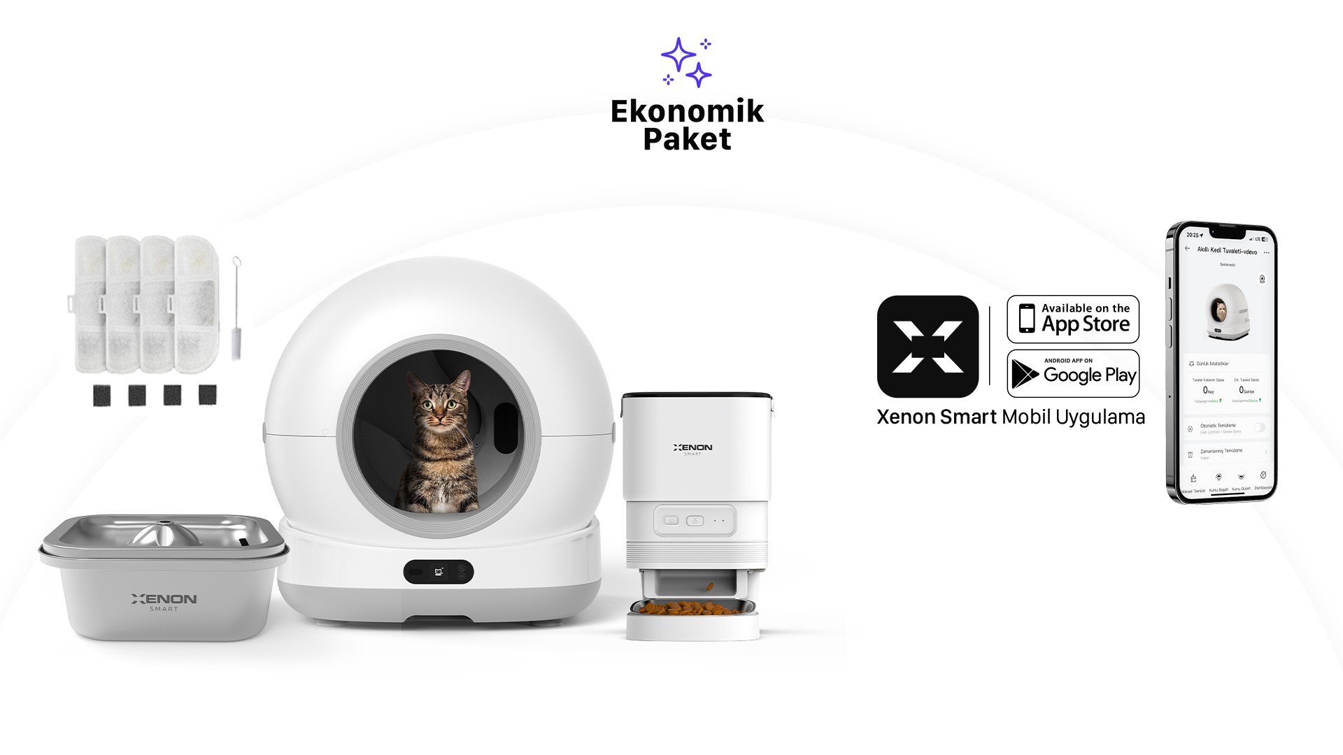 Akıllı Otomatik Kedi Tuvaleti, Mama Kabı ve Çelik Su Pınarı 4'lü Pet Seti