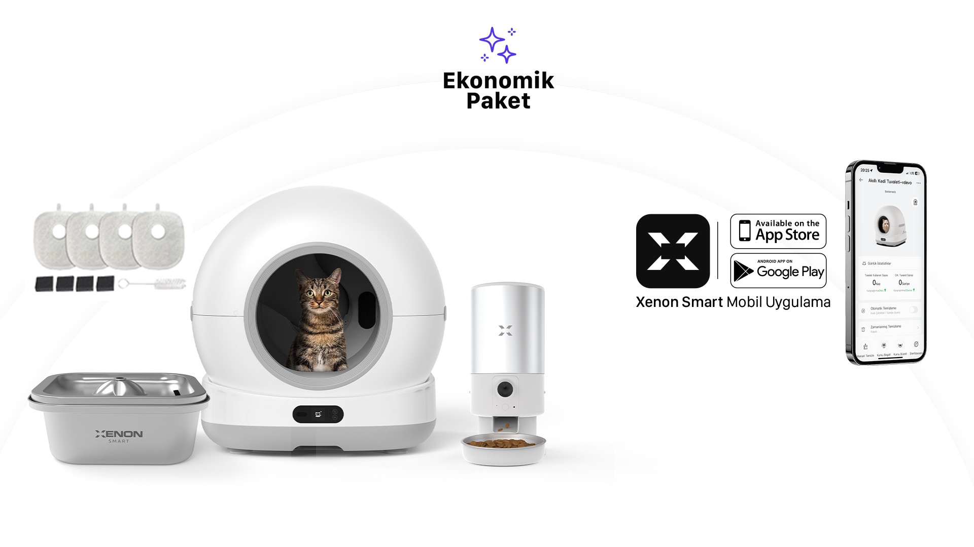 Akıllı Otomatik Kedi Tuvaleti, Mama Kabı ve Bataryalı Su Pınarı 4'lü Pet Seti