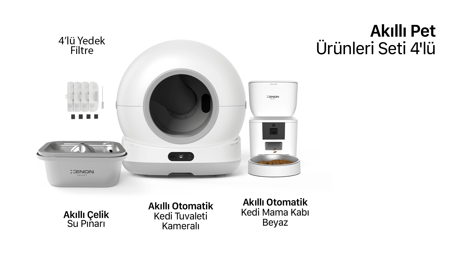 Akıllı Kameralı Kedi Tuvaleti, Beyaz Mama Kabı ve Çelik Su Pınarı 4'lü Pet Seti
