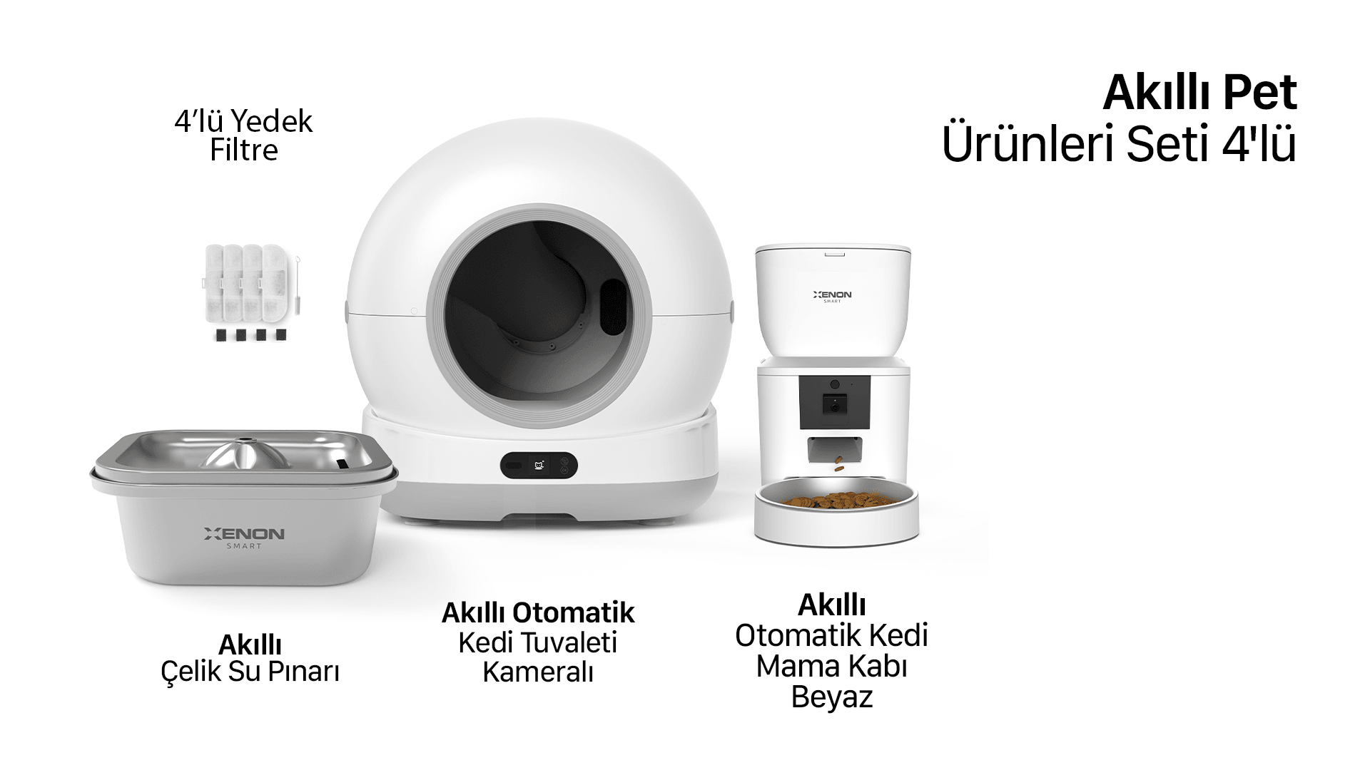 Akıllı Otomatik Kedi Tuvaleti, Mama Kabı ve Çelik Su Pınarı 4'lü Pet Seti