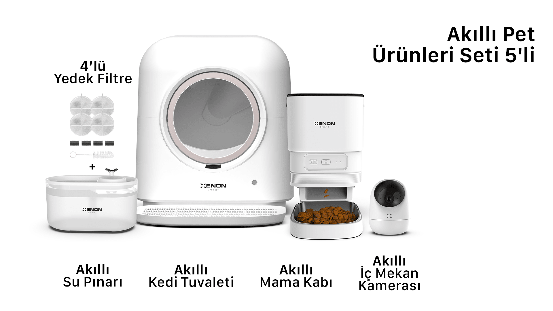 Akıllı Kedi Tuvaleti, Akıllı Kamera, Mama Kabı, Akıllı Kedi Su Pınarı Ve Filtre 5'li Pet Seti