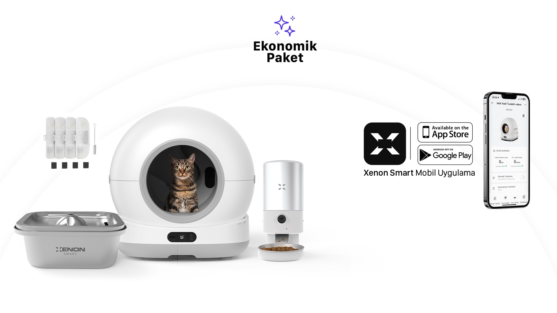 Akıllı Kameralı Kedi Tuvaleti, Çelik Mama Kabı ve Çelik Su Pınarı 4'lü Pet Seti