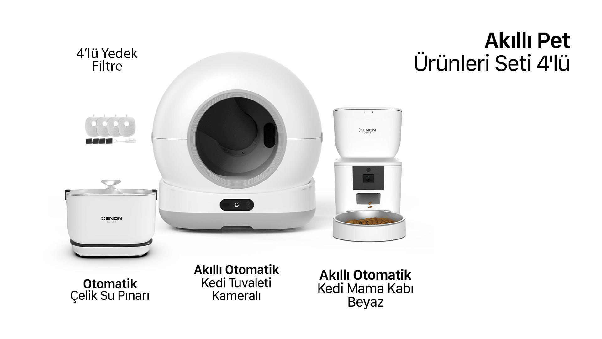 Akıllı Otomatik Kedi Tuvaleti, Mama Kabı ve Bataryalı Su Pınarı 4'lü Pet Seti