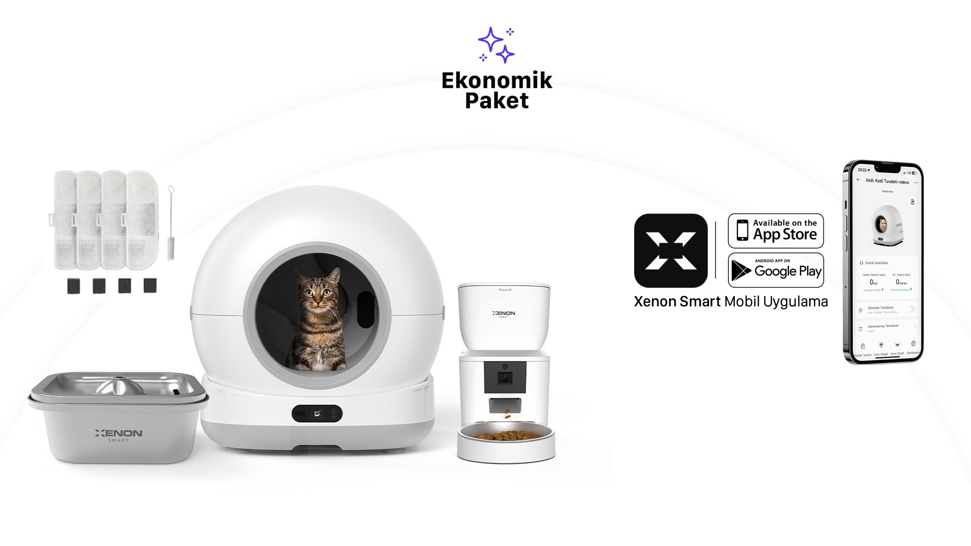 Akıllı Otomatik Kedi Tuvaleti, Mama Kabı ve Çelik Su Pınarı 4'lü Pet Seti