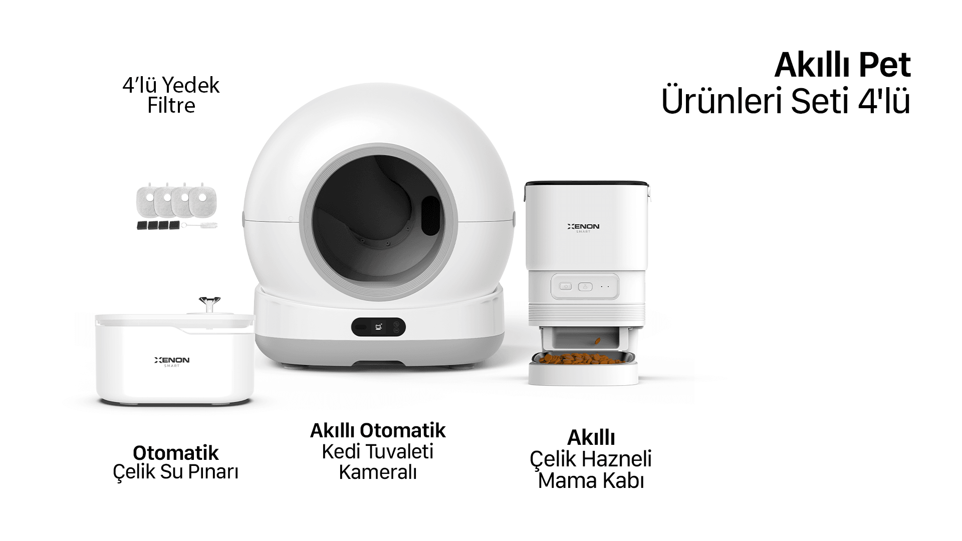 Akıllı Otomatik Kedi Tuvaleti Kameralı, Mama Kabı ve Su Pınarı 4'lü Pet Seti