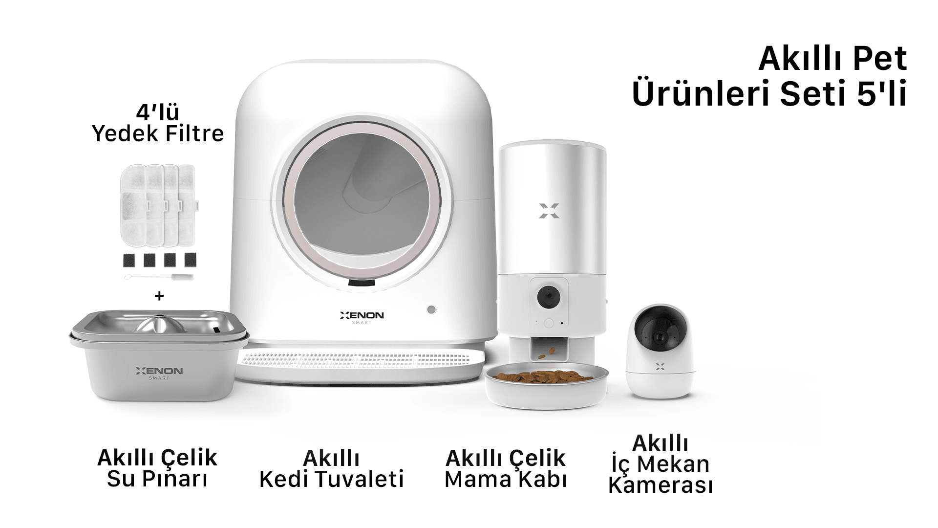 Akıllı Kedi Tuvaleti, Akıllı Kamera, Çelik Mama Kabı, Çelik Su Pınarı ve Yedek Filtre Seti