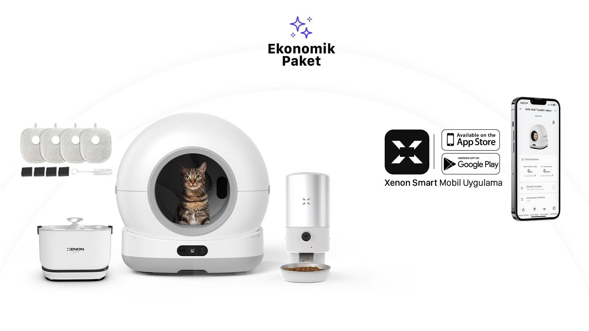 Akıllı Kedi Tuvaleti, Çelik Mama Kabı ve Bataryalı Su Pınarı 4'lü Pet Seti