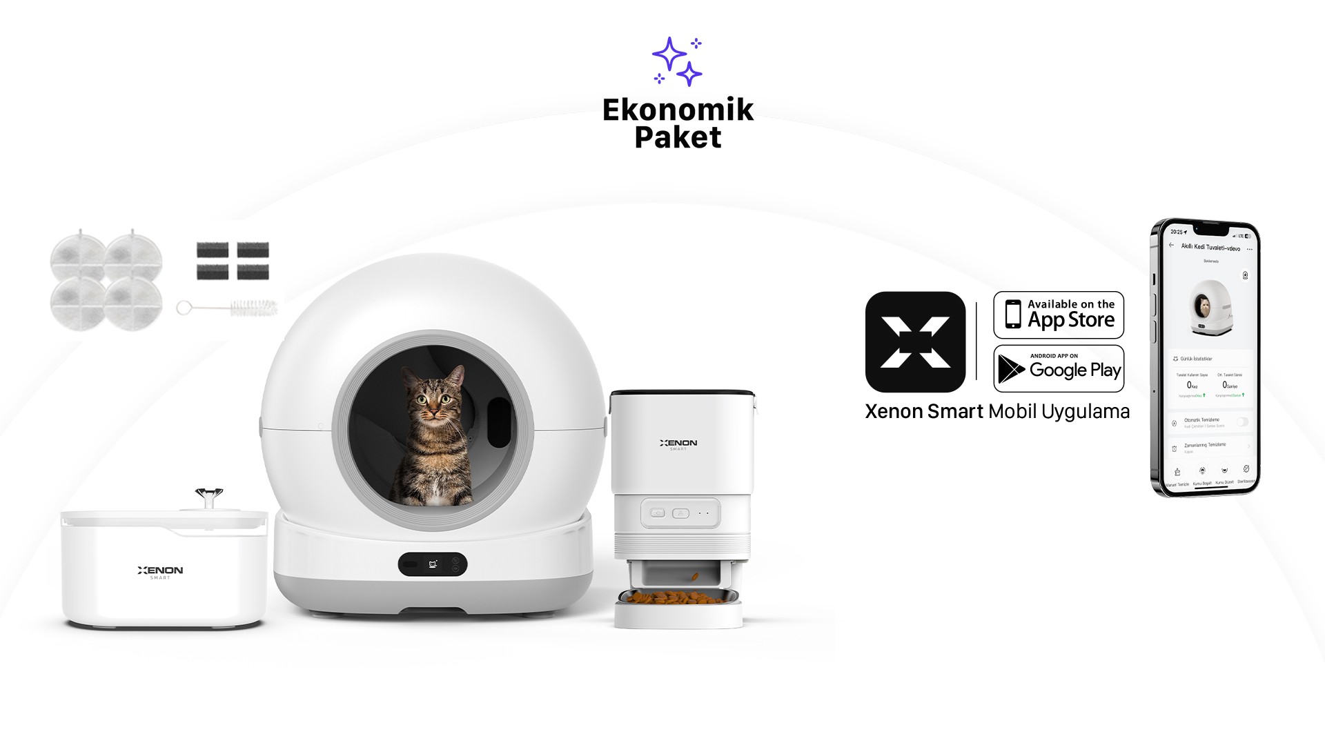 Akıllı Otomatik Kedi Tuvaleti, Mama Kabı ve Su Pınarı 4'lü Pet Seti