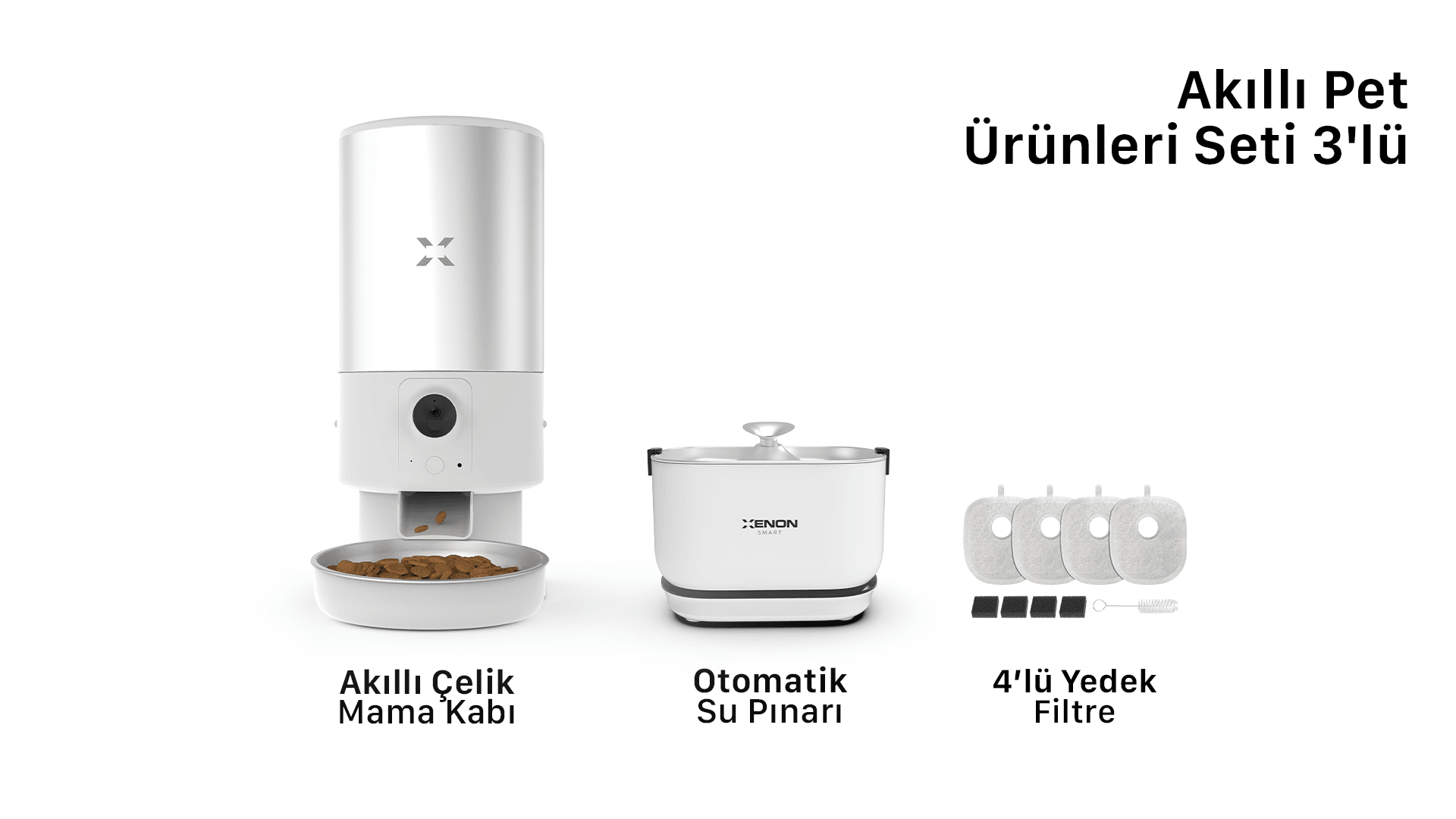 Akıllı Çelik Mama Kabı, Otomatik Bataryalı Su Pınarı ve Yedek Filtre 3'lü Pet Seti