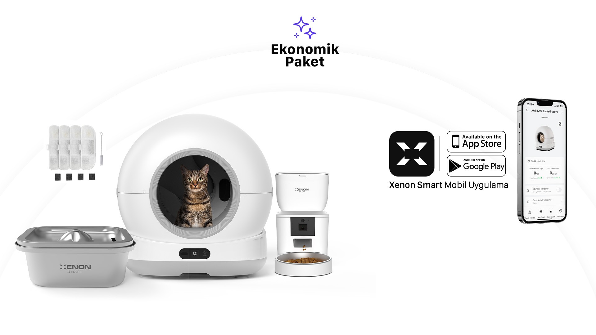 Akıllı Kameralı Kedi Tuvaleti, Beyaz Mama Kabı ve Çelik Su Pınarı 4'lü Pet Seti