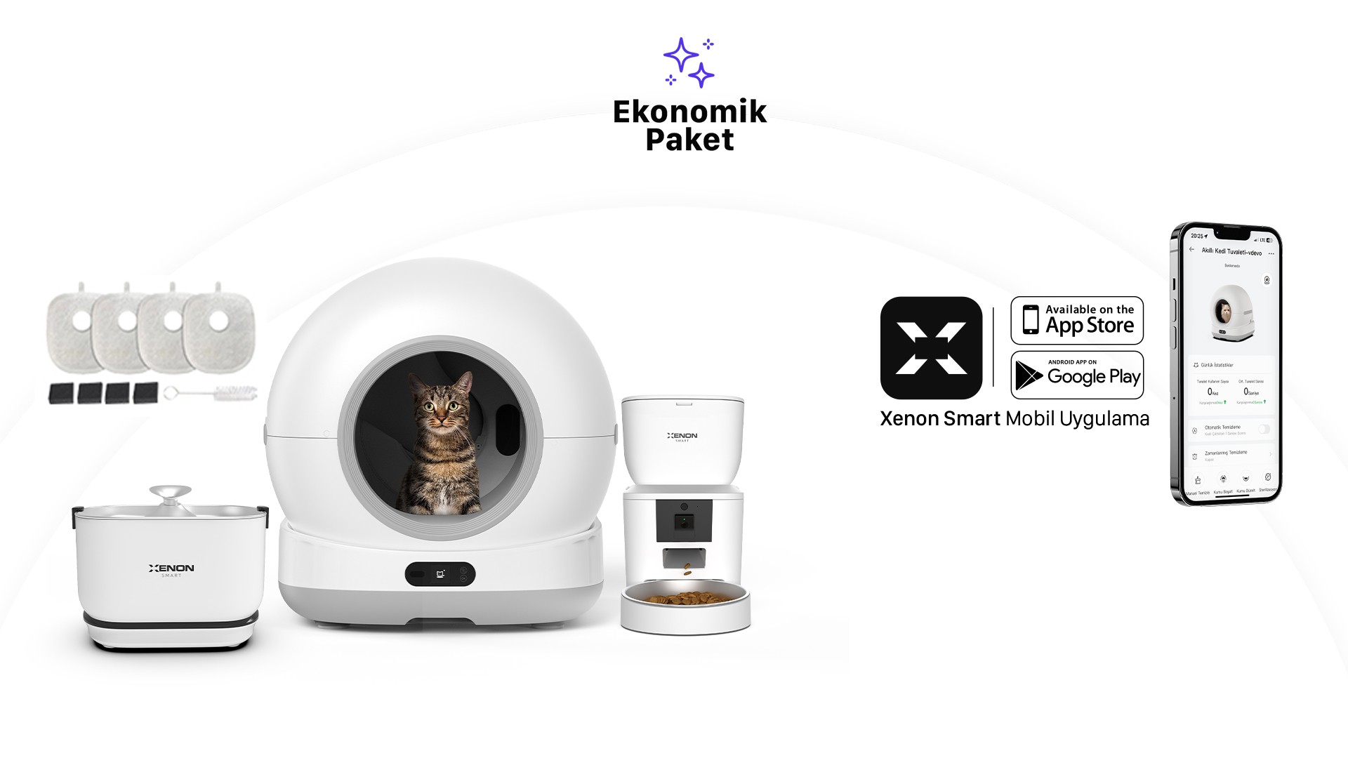 Akıllı Kameralı Kedi Tuvaleti, Beyaz Mama Kabı ve Bataryalı Su Pınarı 4'lü Pet Seti