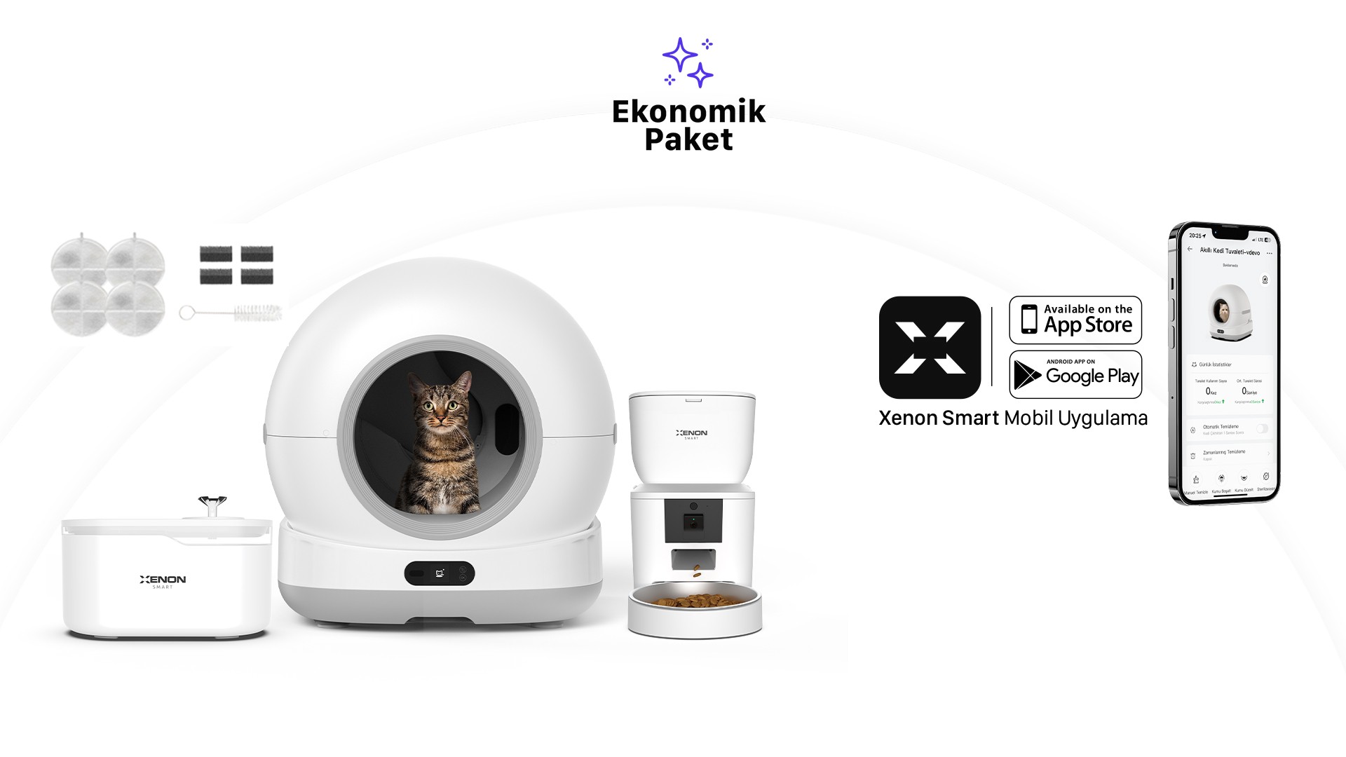 Akıllı Otomatik Kedi Tuvaleti, Beyaz Mama Kabı ve Su Pınarı 4'lü Pet Seti