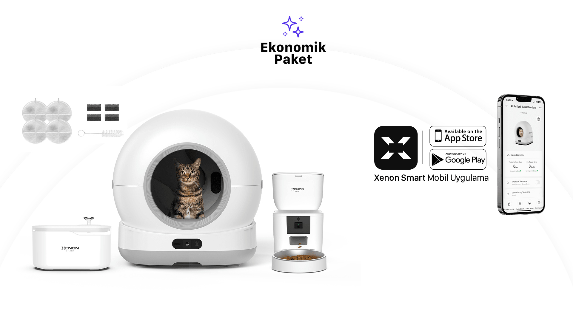 Akıllı Kameralı Kedi Tuvaleti, Mama Kabı ve Su Pınarı 4'lü Pet Seti