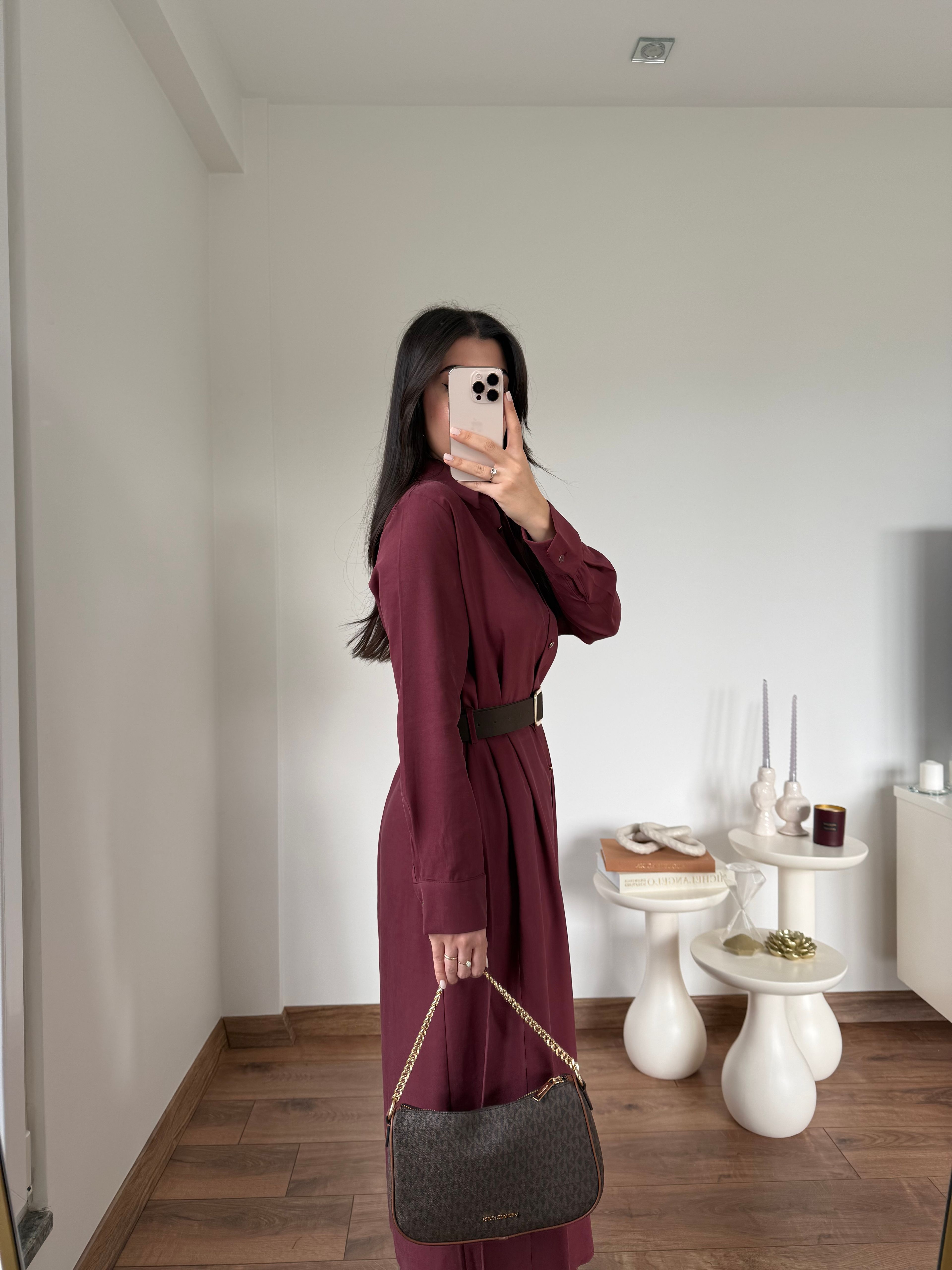 KEMERLİ DÜĞME DETAYLI GÖMLEK ELBİSE