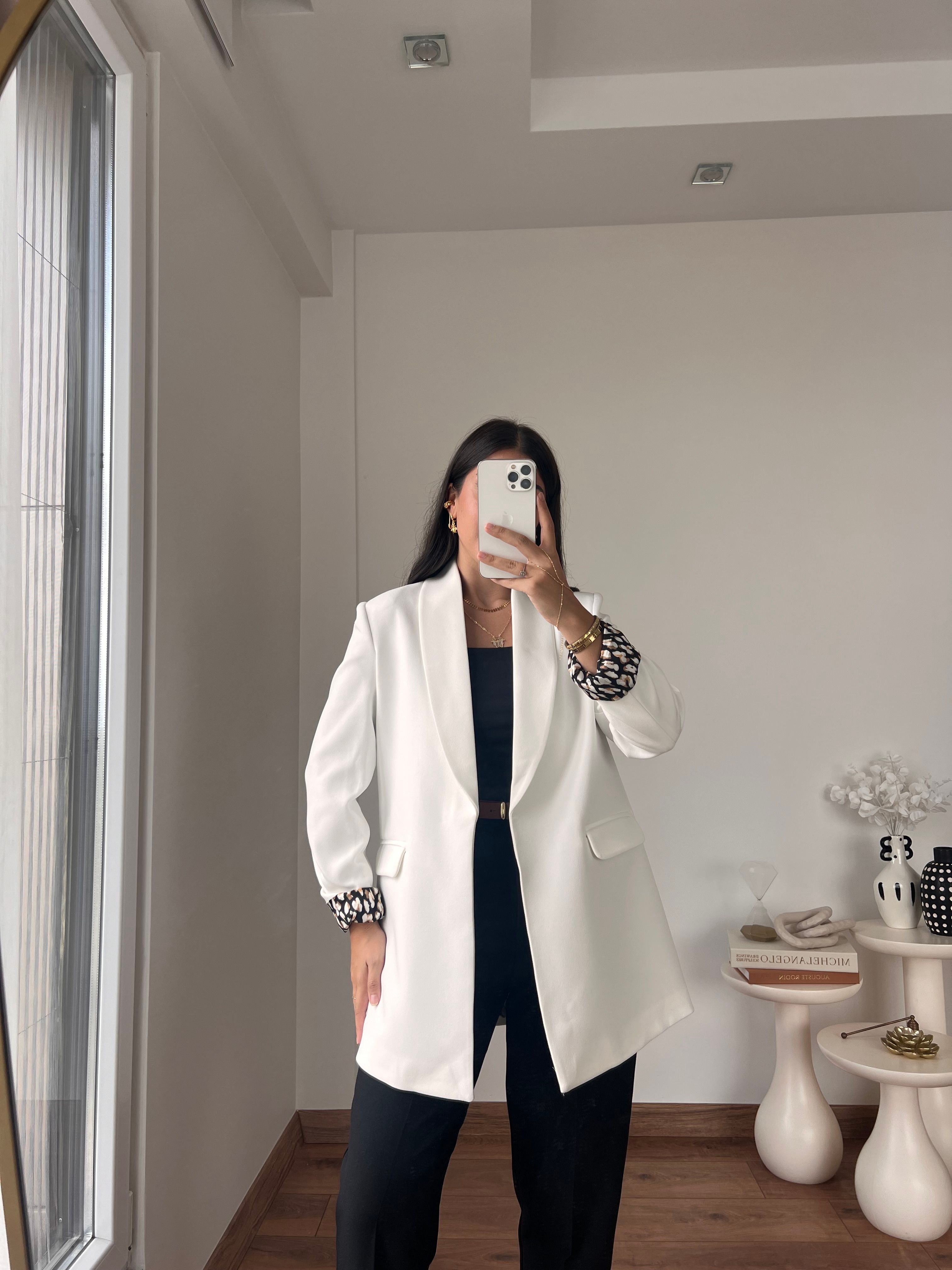 LEOPAR ASTARLI BLAZER CEKET - beyaz