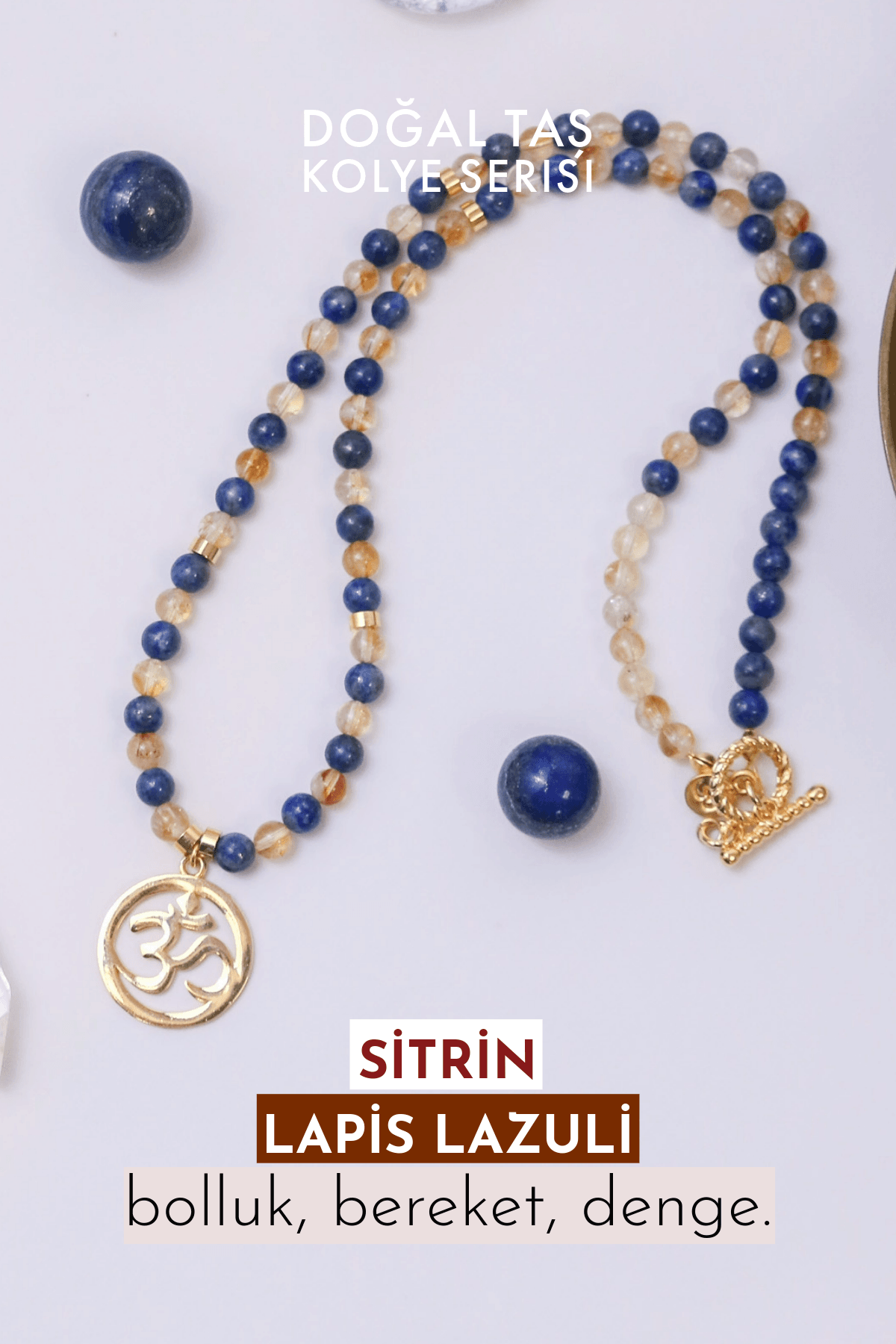 Bolluk-Bereket ve Denge  - OM(Aum) – Sitrin – Lapis Lazuli Doğal Taş Kolye