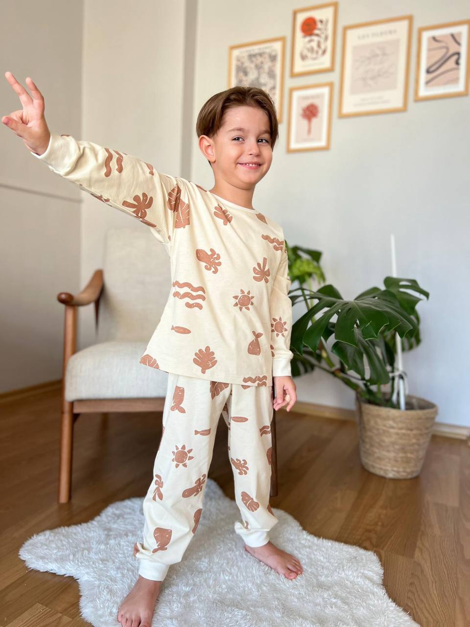 P3111 Palmiye Pijama Takımı - Krem Rengi