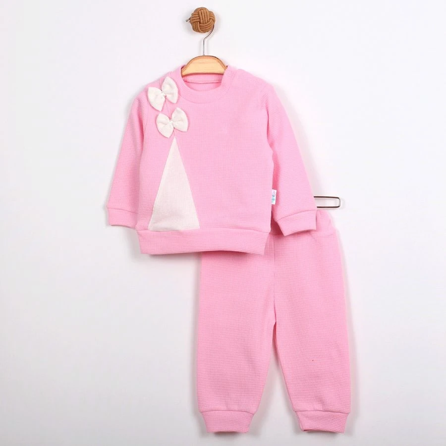 Miniloy 7038 Kurdale Detaylı Gofre Kız Bebe Takım