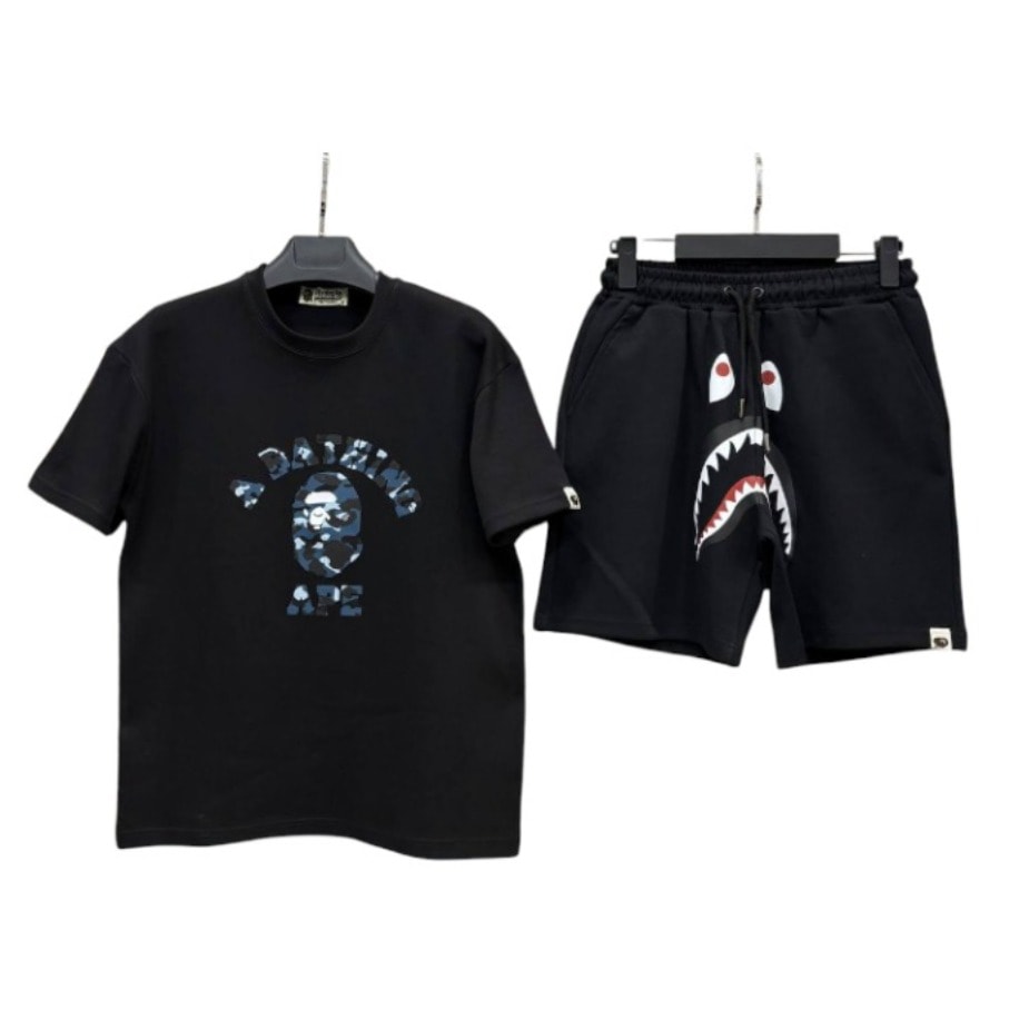 BAPE Blue Camo Logo Tee &amp; Shark Shorts Set (Black)