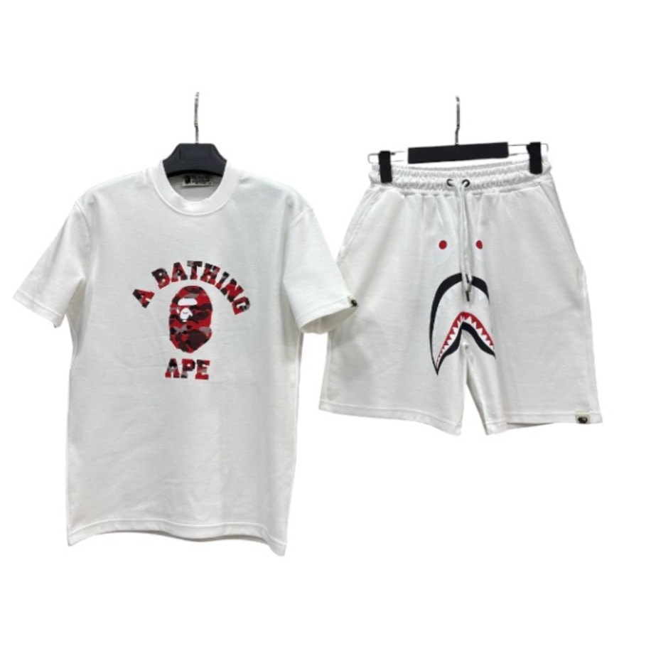 BAPE Red Camo Logo Tee & Shark Shorts Set