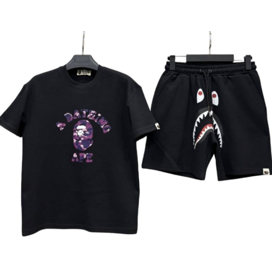 BAPE Purple Camo Logo Tee &amp; Shark Shorts Set (Black)