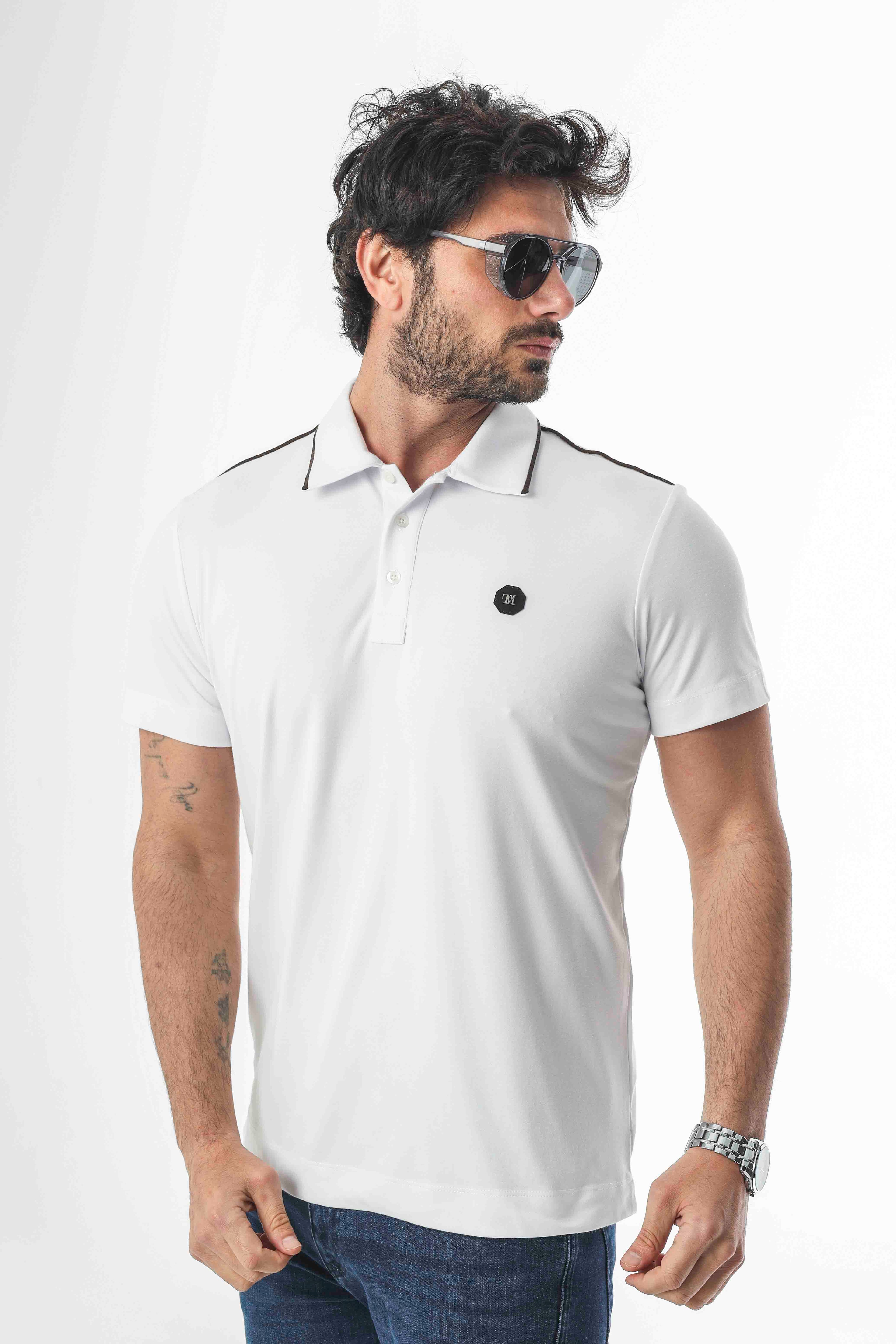 Polo Yaka Omzu Çizgili Armalı Düğmeli T-Shirt-6275