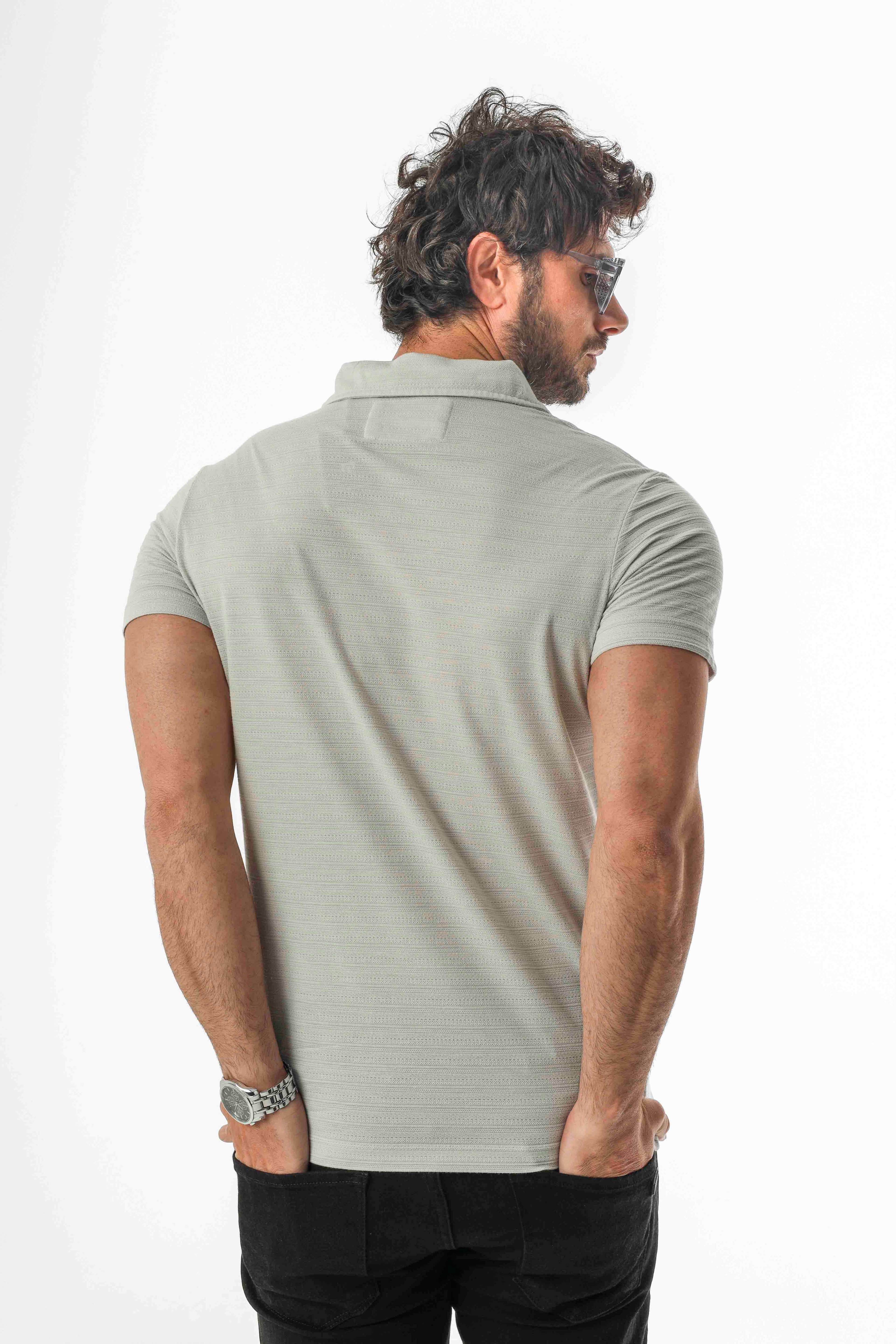 Polo Yaka Düğmeli Viskon Karışımlı Jakarlı T-Shirt-J-2093