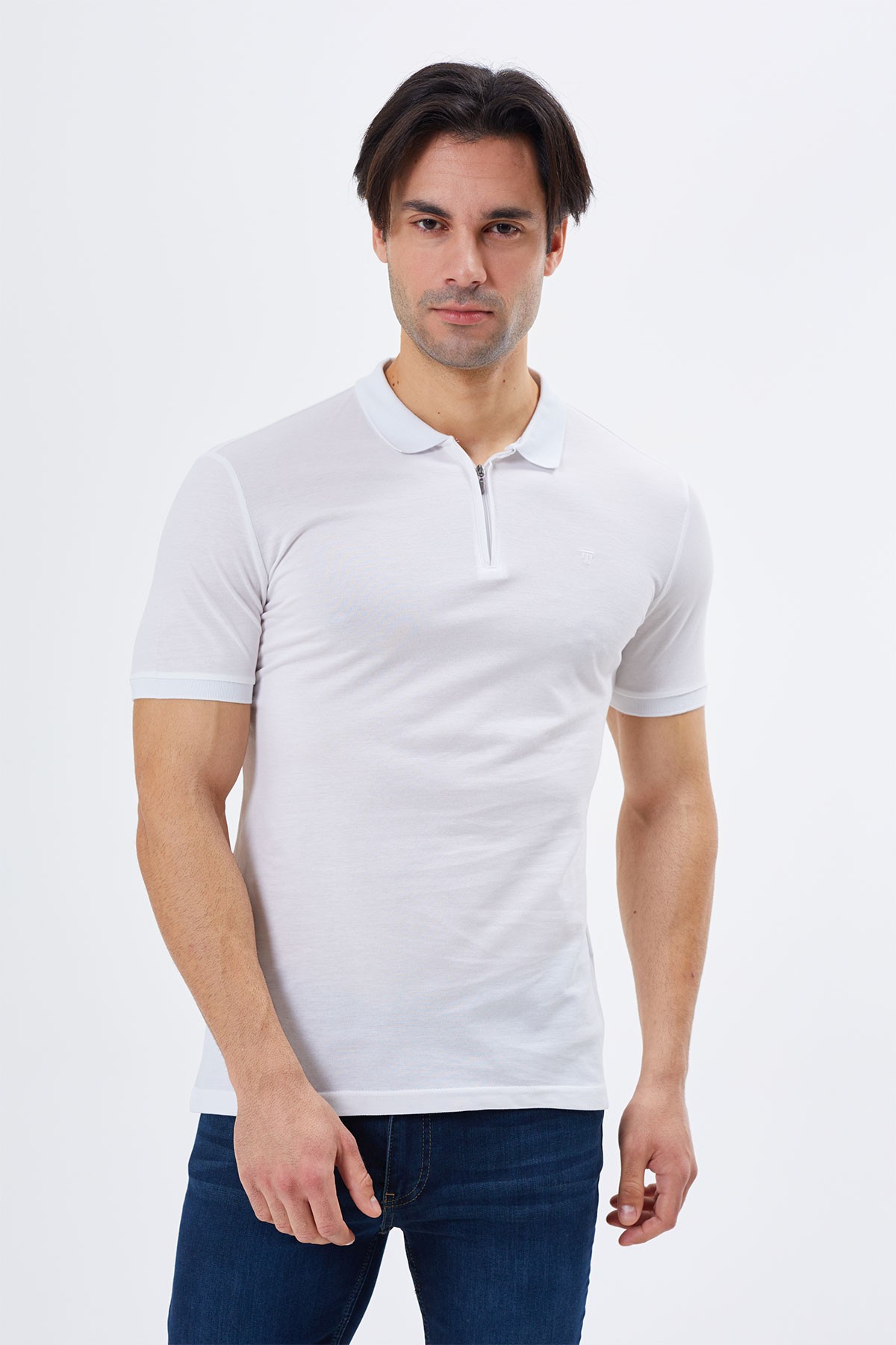 Regular Fit Zippered  Polo Neck %100 Cotton Short Sleeves Basic  T-Shirt