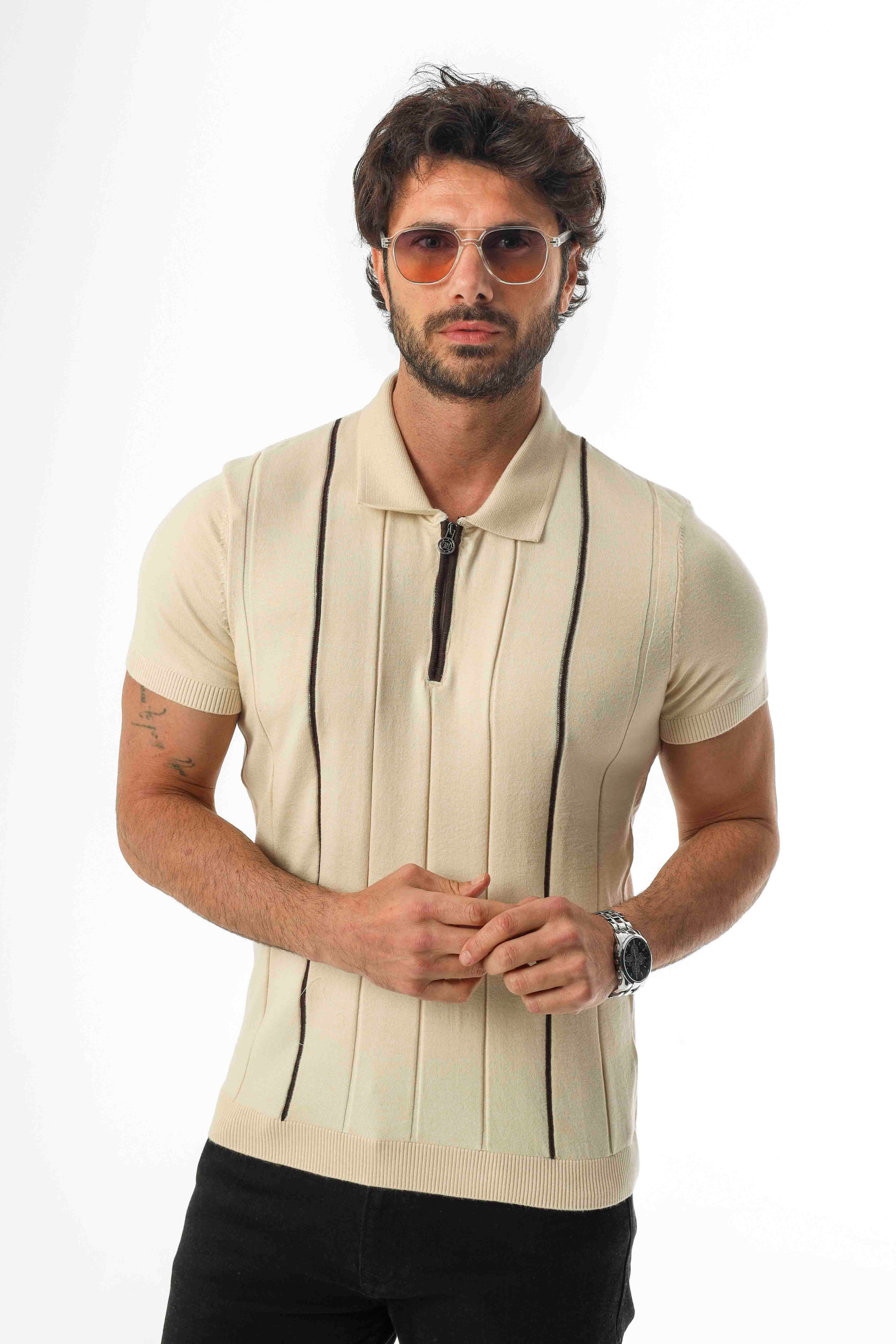 Polo Yaka Yarım Fermuarlı Çizgi Desenli Triko T-Shirt-TY-1311