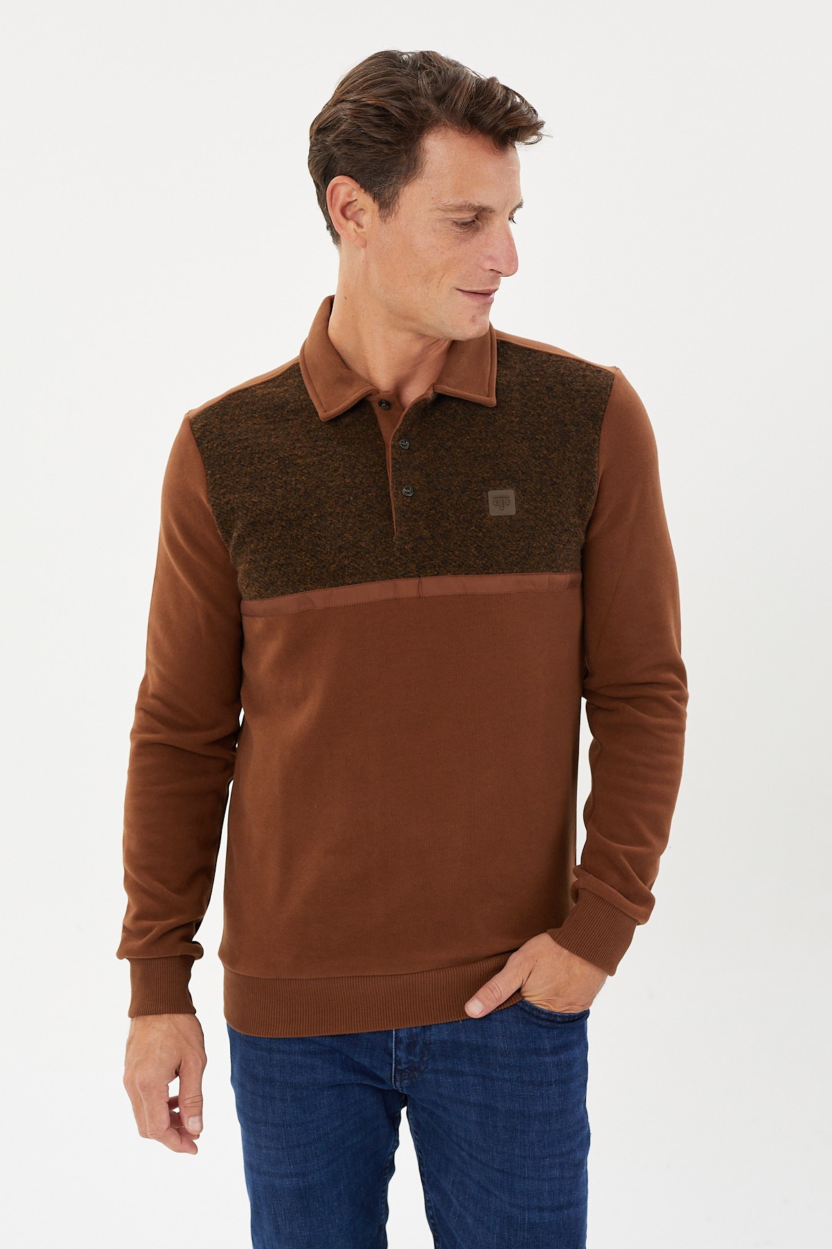 Kadife Selanik Parça Desenli Polo Yaka Sweatshirt- KS-1670