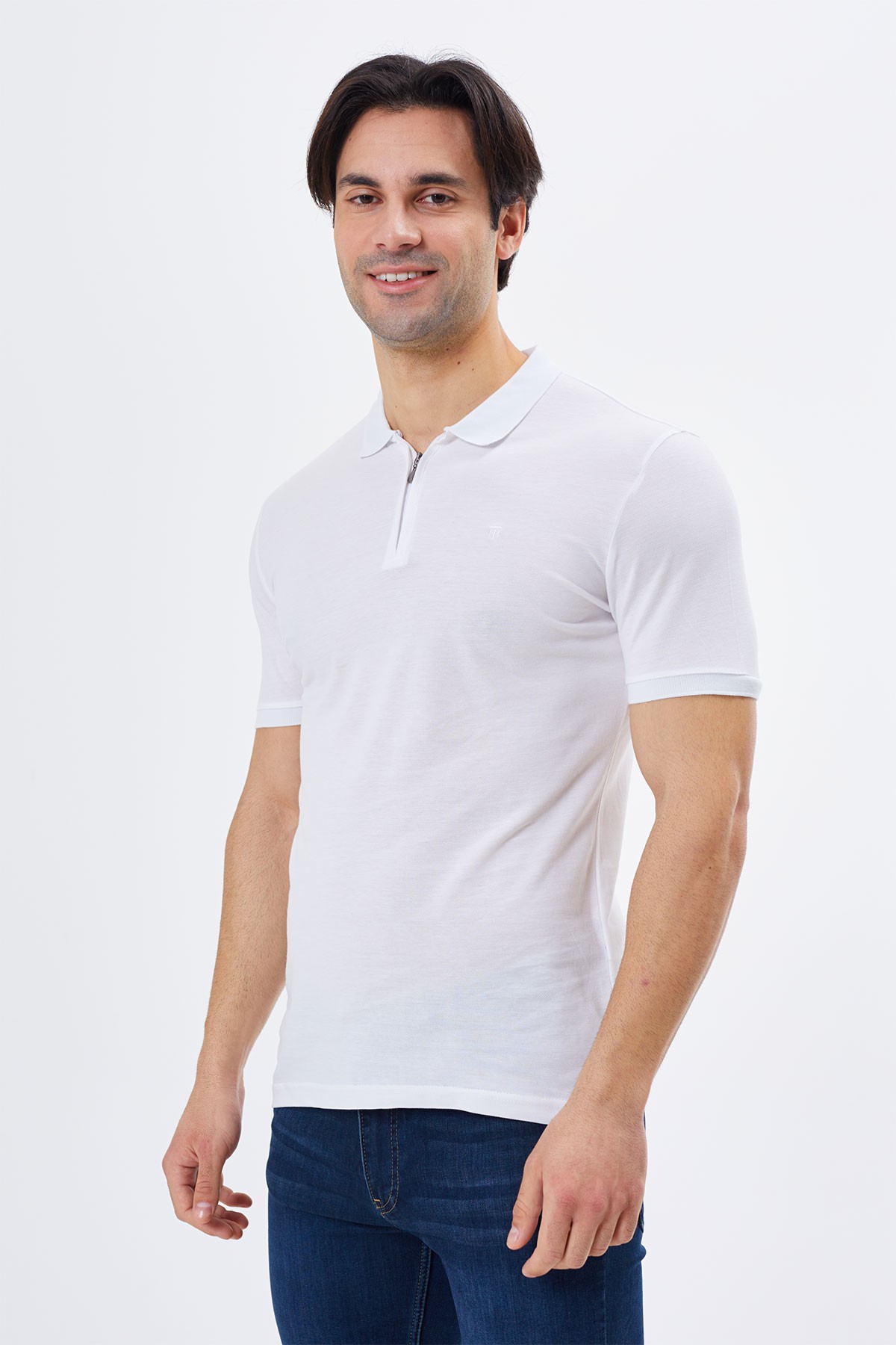 Regular Fit Zippered  Polo Neck %100 Cotton Short Sleeves Basic  T-Shirt