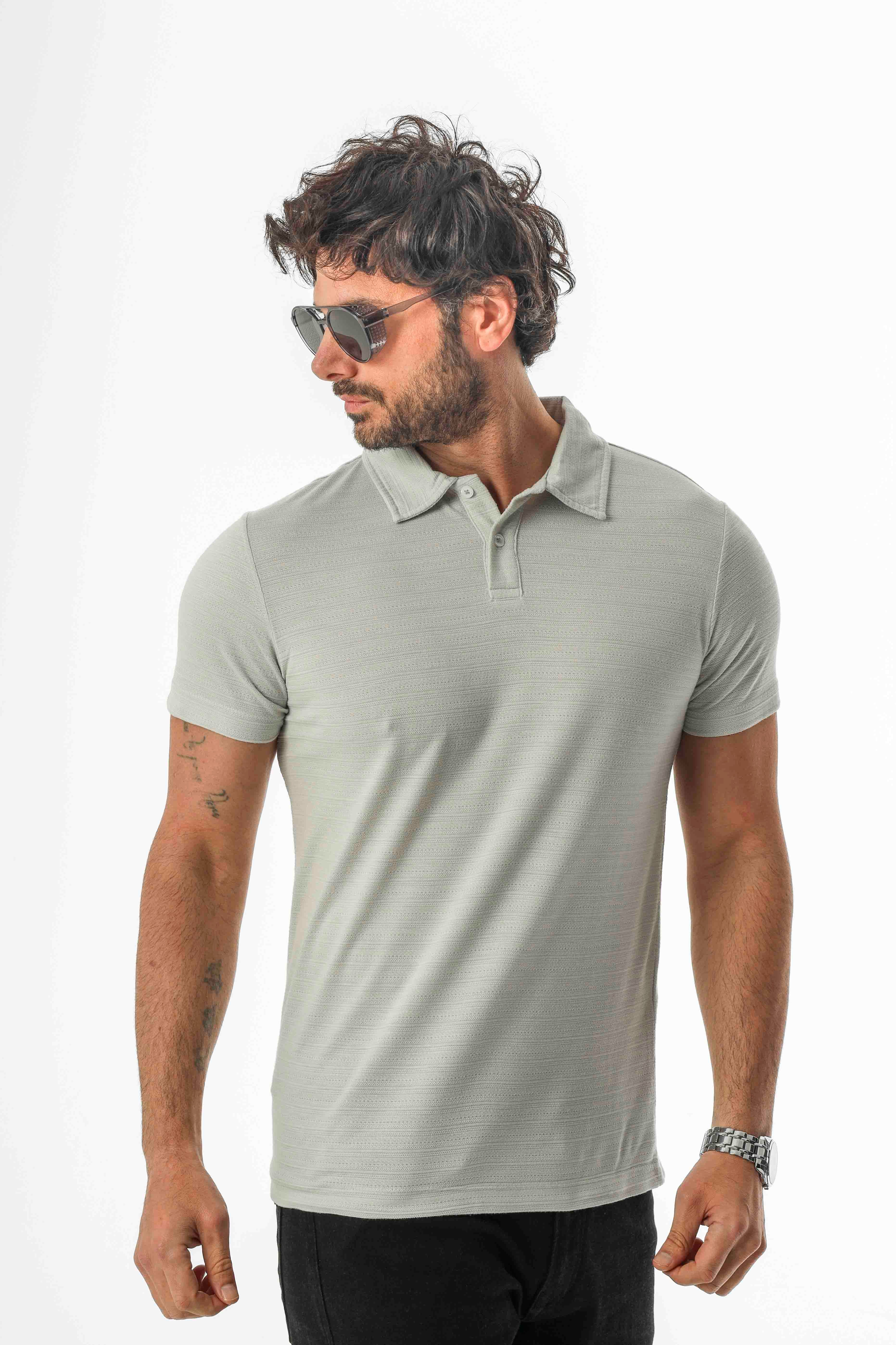 Polo Yaka Düğmeli Viskon Karışımlı Jakarlı T-Shirt-J-2093