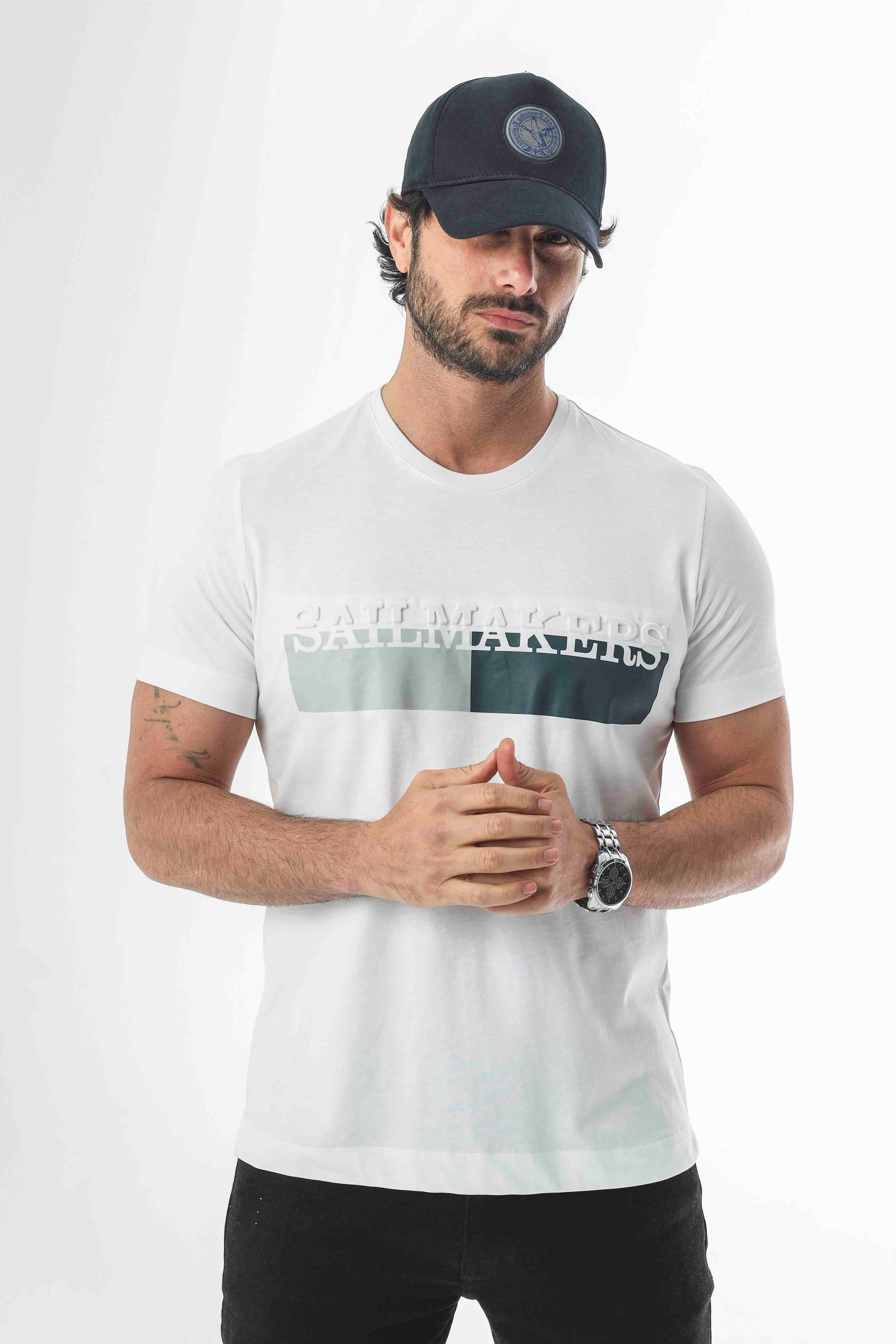 %100 Pamuk Sail Collection Bisiklet Yaka Baskılı T-Shirt-SP-2343